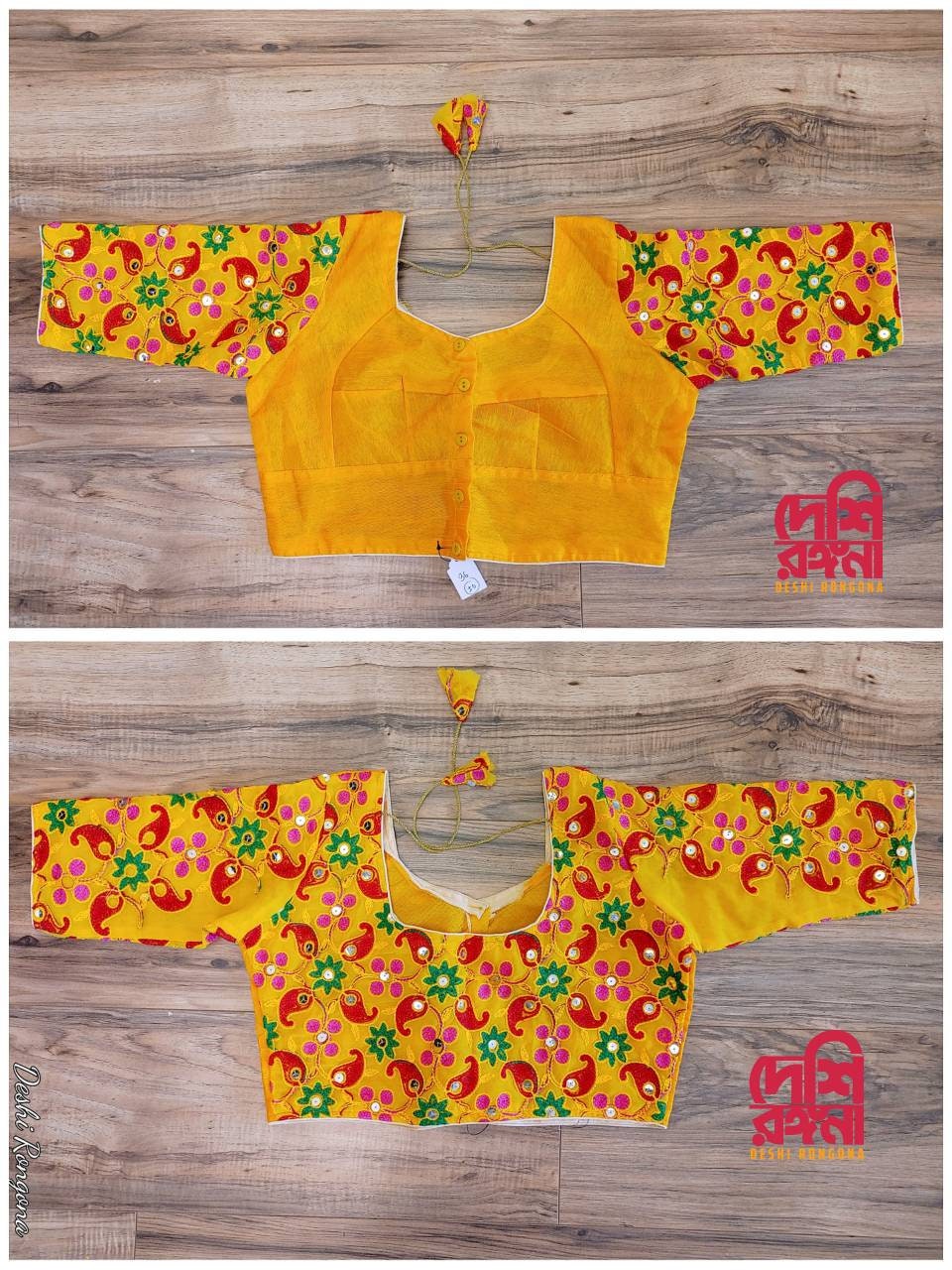 Elegant Readymade Yellow Pulkari Rajasthani Blouse that goes with any saree collection you have in your closet