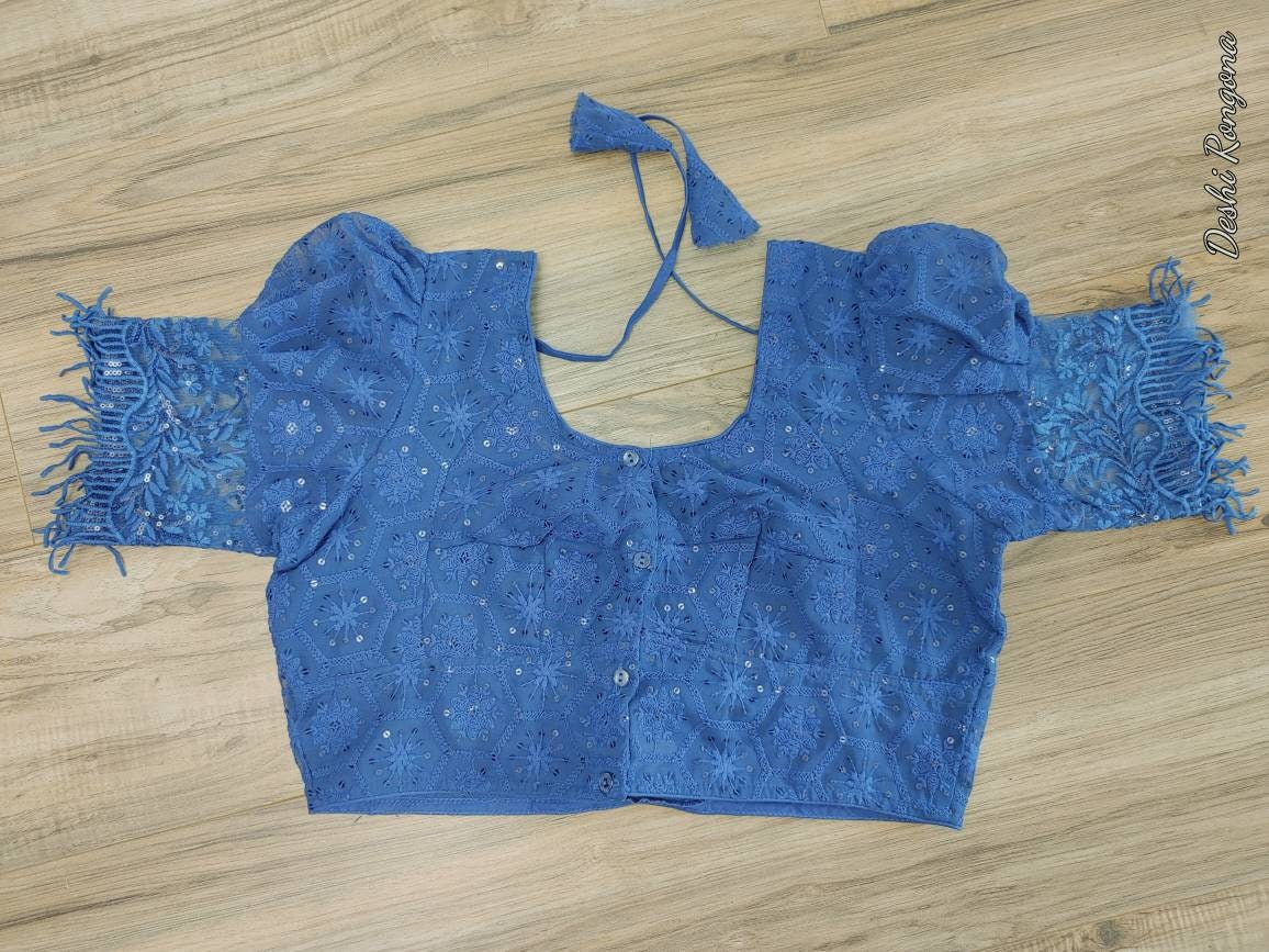 Ocean Blue Readymade Blouse, Lakhnow Georgette Cerulean Blouse, Fashionable, Trendy, Comfortable, goes with any contrast saree collection