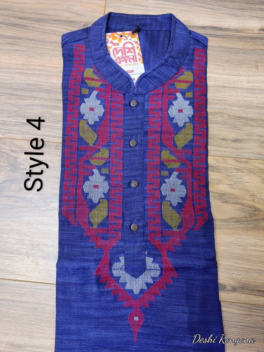 Original Dhakai Jamdani Men Punjabi, Royal Blue, Handwoven Tosshor Silk, Loose Fit, Comfortable, Elegant and Classy, Handmad in Bangladesh