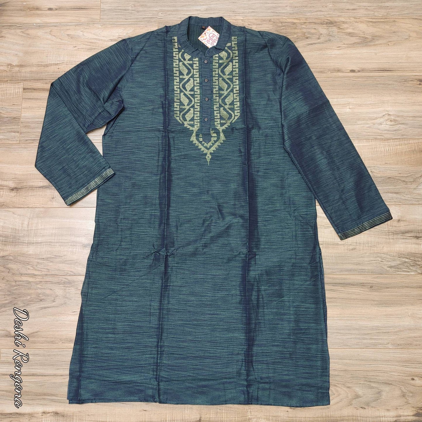 Dhakai Jamdani Tosshor Silk Deep Green Punjabi, Golden Jari work, Loose Fit,Comfortable, Elegant,Classy, Handmade from Scratch in Bangladesh