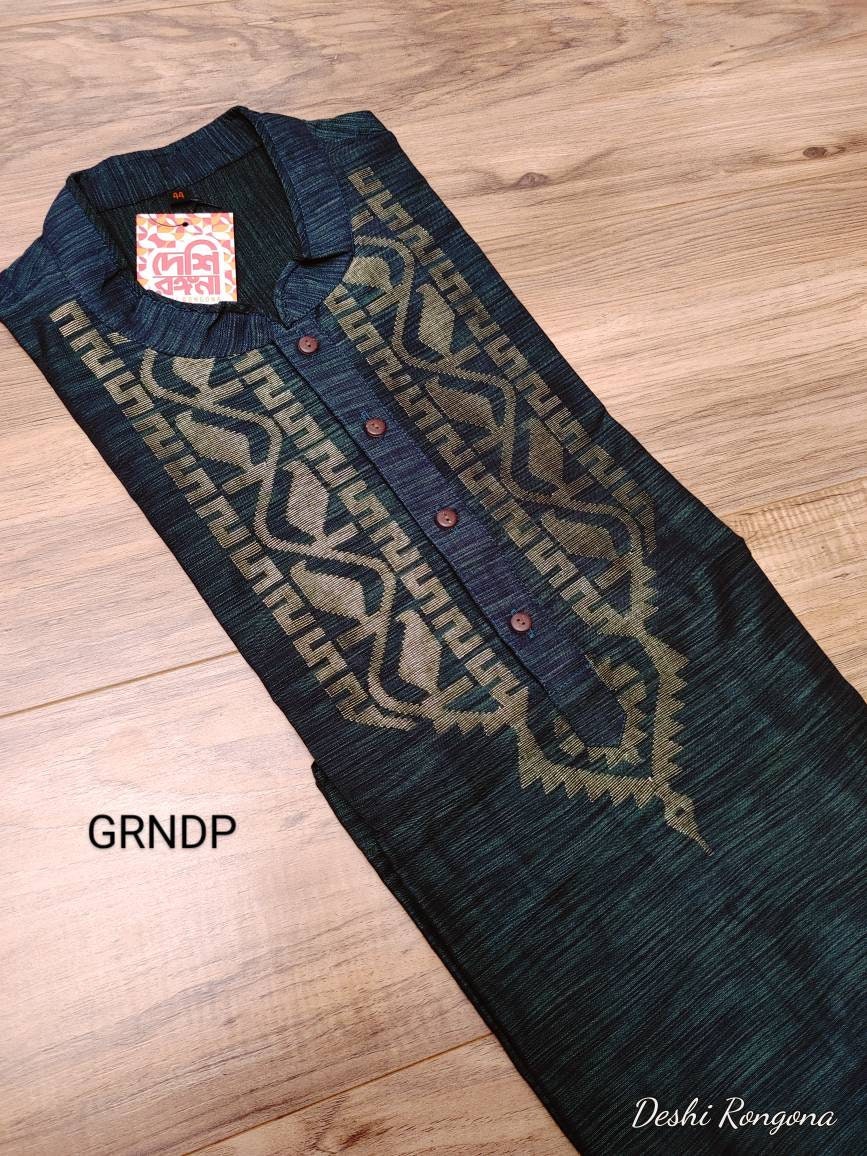 Dhakai Jamdani Tosshor Silk Deep Green Punjabi, Golden Jari work, Loose Fit,Comfortable, Elegant,Classy, Handmade from Scratch in Bangladesh