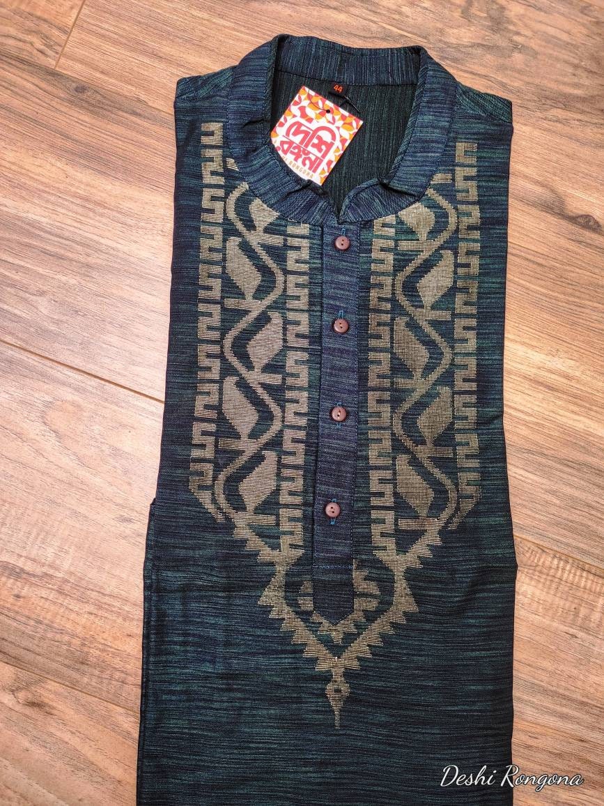 Dhakai Jamdani Tosshor Silk Deep Green Punjabi, Golden Jari work, Loose Fit,Comfortable, Elegant,Classy, Handmade from Scratch in Bangladesh