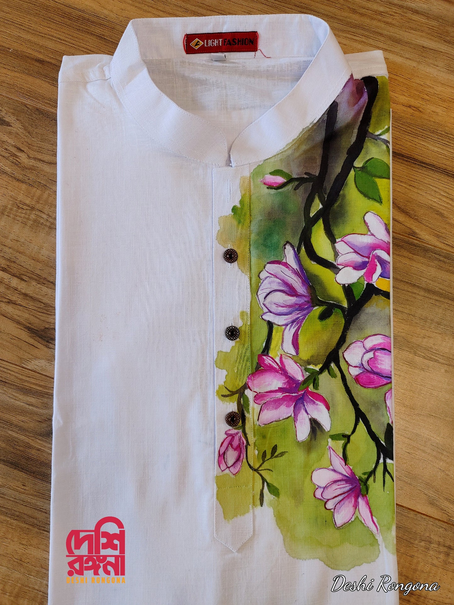 Dhakai Handpainted Men Punjabi, Aarong Cotton, Size 42, Slim Fit, Magnolia theme, Handloom, Comfortable, Elegant, Made in Dhaka, Bangladesh