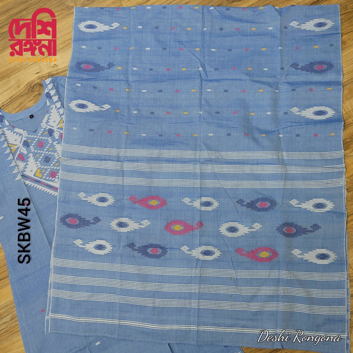 Handwoven Sky Blue Dhakai Jamdani Cotton 3-Piece Set