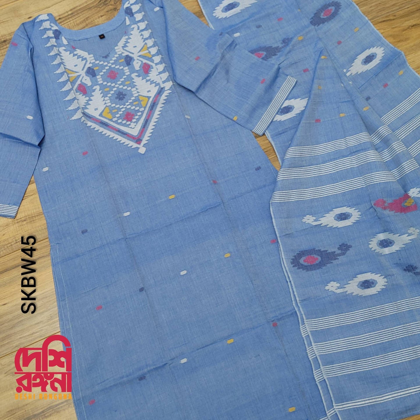Handwoven Sky Blue Dhakai Jamdani Cotton 3-Piece Set