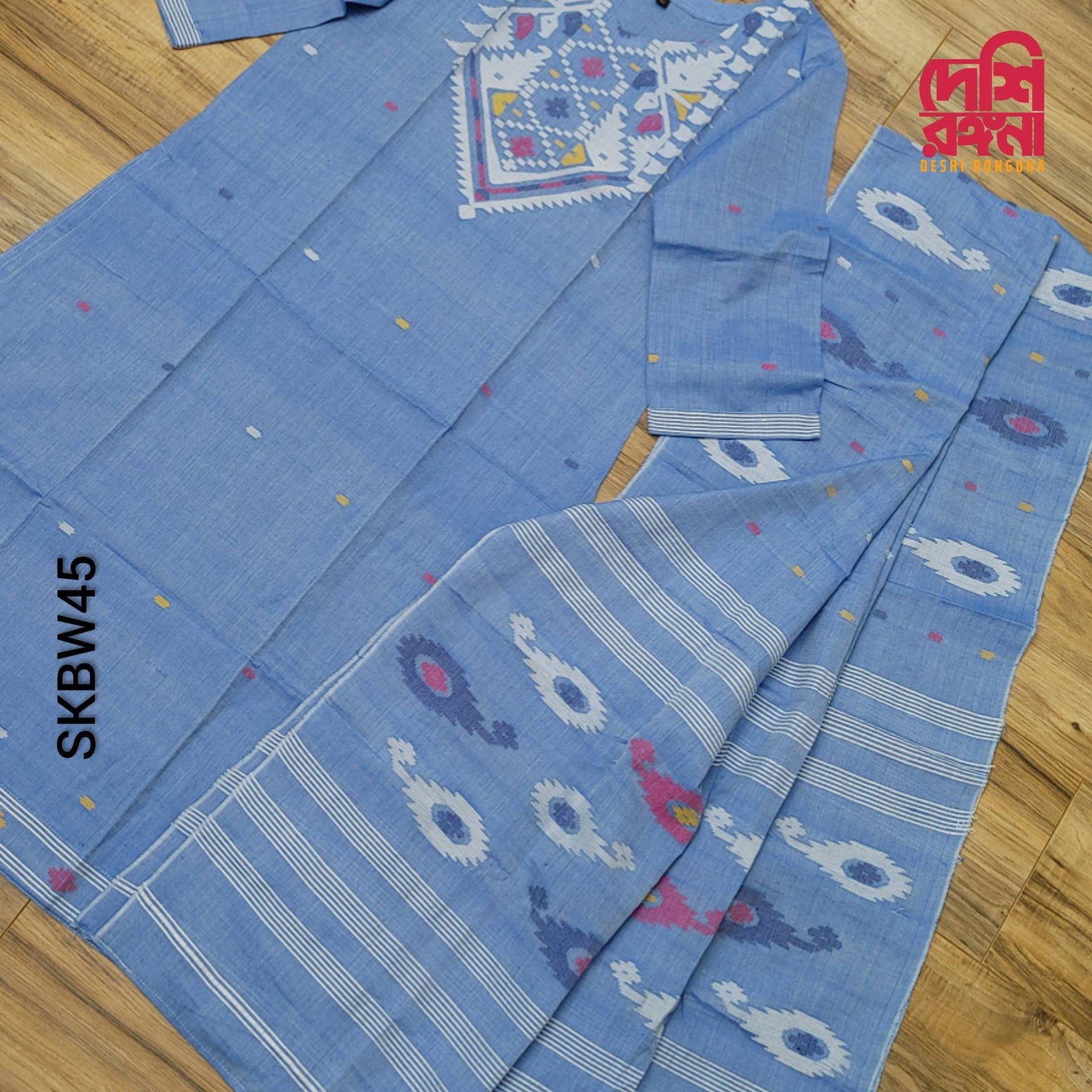 Handwoven Sky Blue Dhakai Jamdani Cotton 3-Piece Set