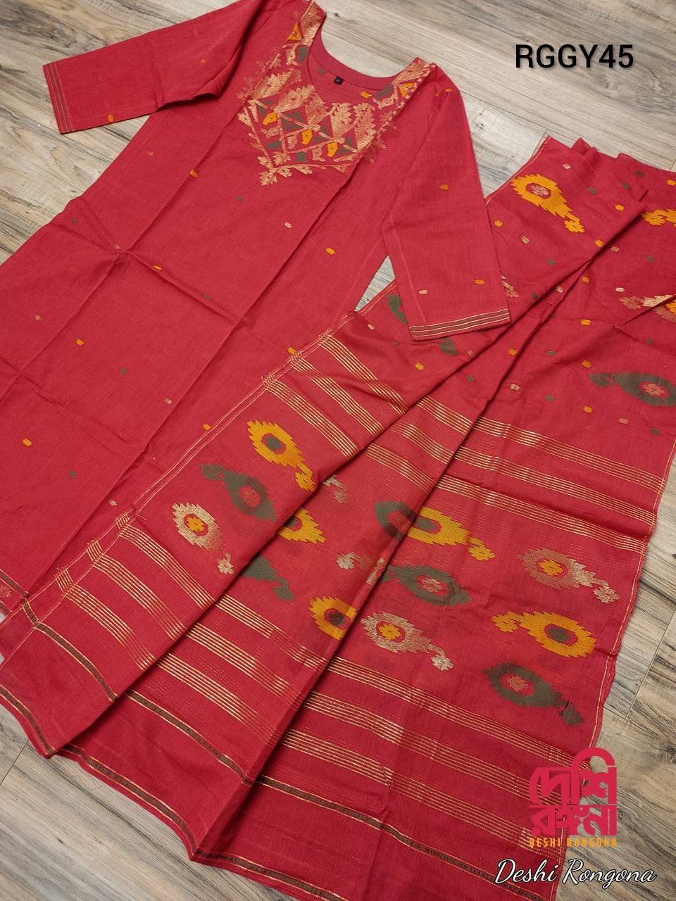 Exclusive Handloom Dhakai Jamdani Cotton 2 piece, Golden and Red Combination, Soft, Comfortable Summer Wear. Kamij and Dupatta