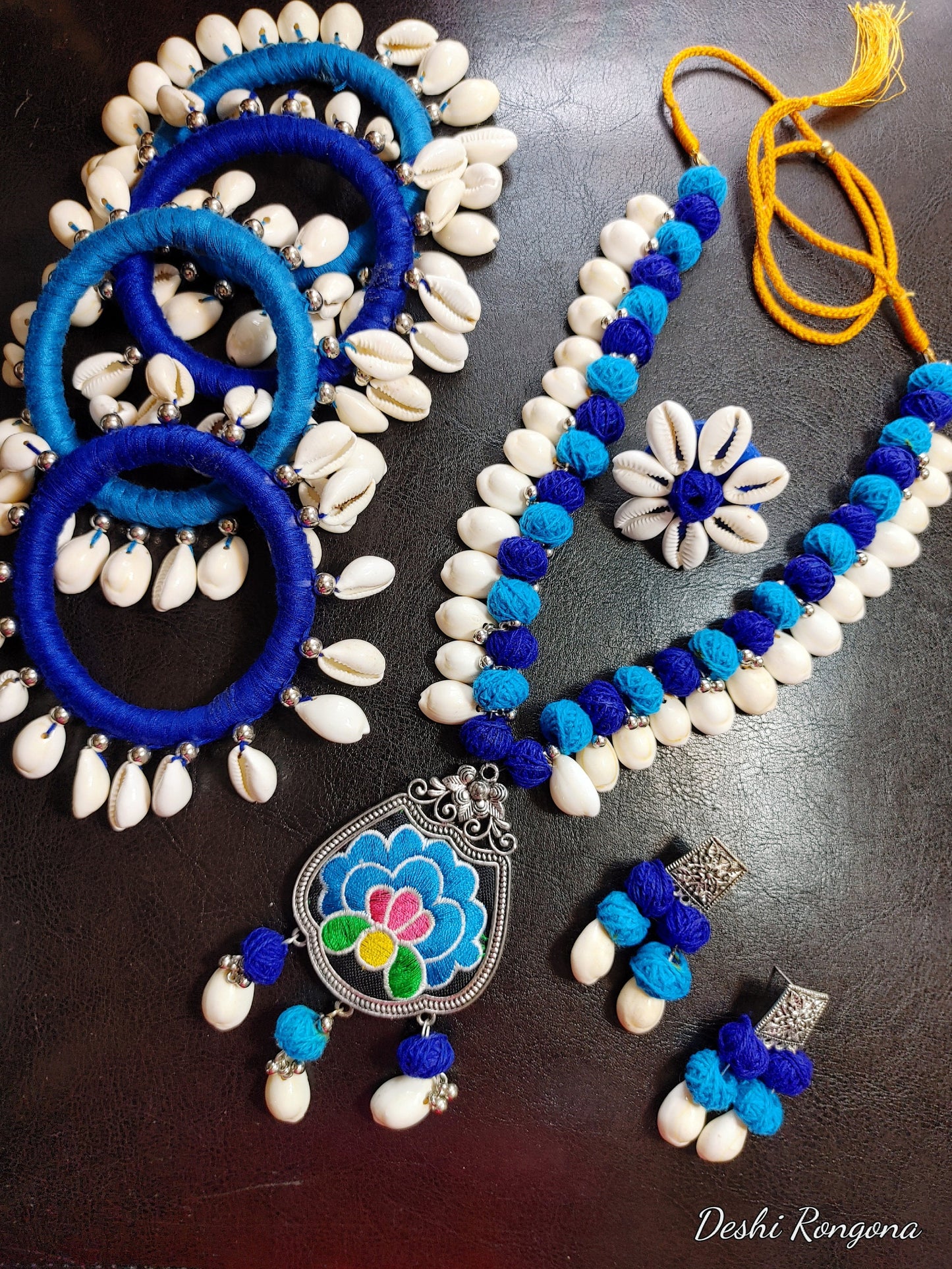 Cowrie, Oxidized Shell Necklace Set, Blue Shade/White, Hand Crafted, Immaculate 100% Natural Snail Shell, Jute ball Vintage Style Jewelry