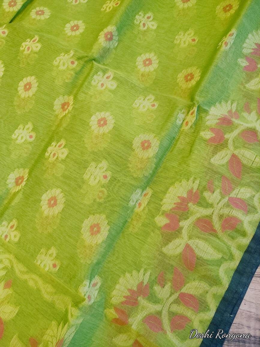 Tangail Tantuja Semi Muslin-Cotton Saree, Beautiful Olive with Magenta-Golden Thread Work, Handwoven Elegant, Made in Tangail,Bangladesh