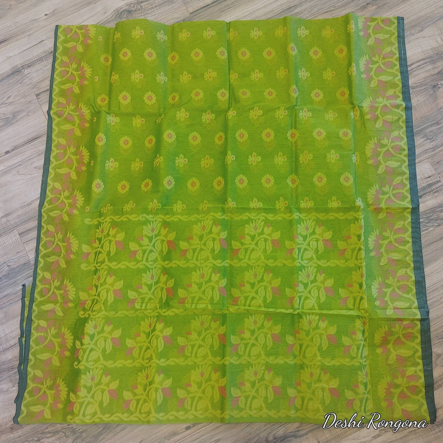 Tangail Tantuja Semi Muslin-Cotton Saree, Beautiful Olive with Magenta-Golden Thread Work, Handwoven Elegant, Made in Tangail,Bangladesh