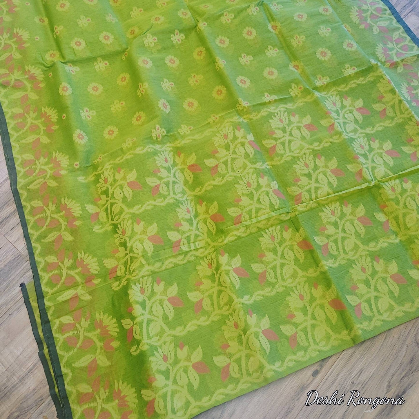 Tangail Tantuja Semi Muslin-Cotton Saree, Beautiful Olive with Magenta-Golden Thread Work, Handwoven Elegant, Made in Tangail,Bangladesh