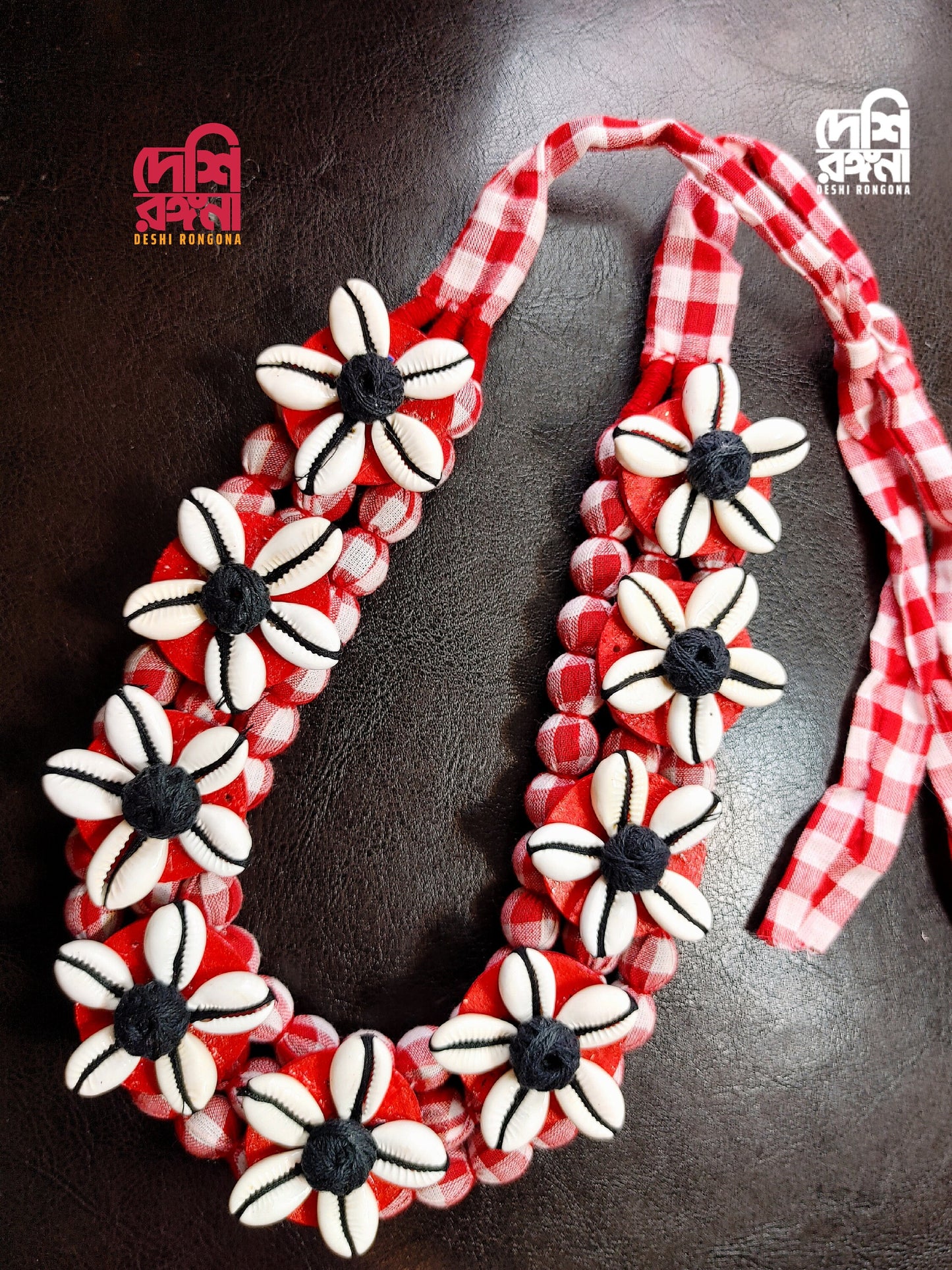 Cowrie, Plaid Handwoven Cotton Fabric and Shell Necklace, Gamcha, Hand Crafted, Immaculate 100% Natural Snail Shell, Jute ball Vintage Style