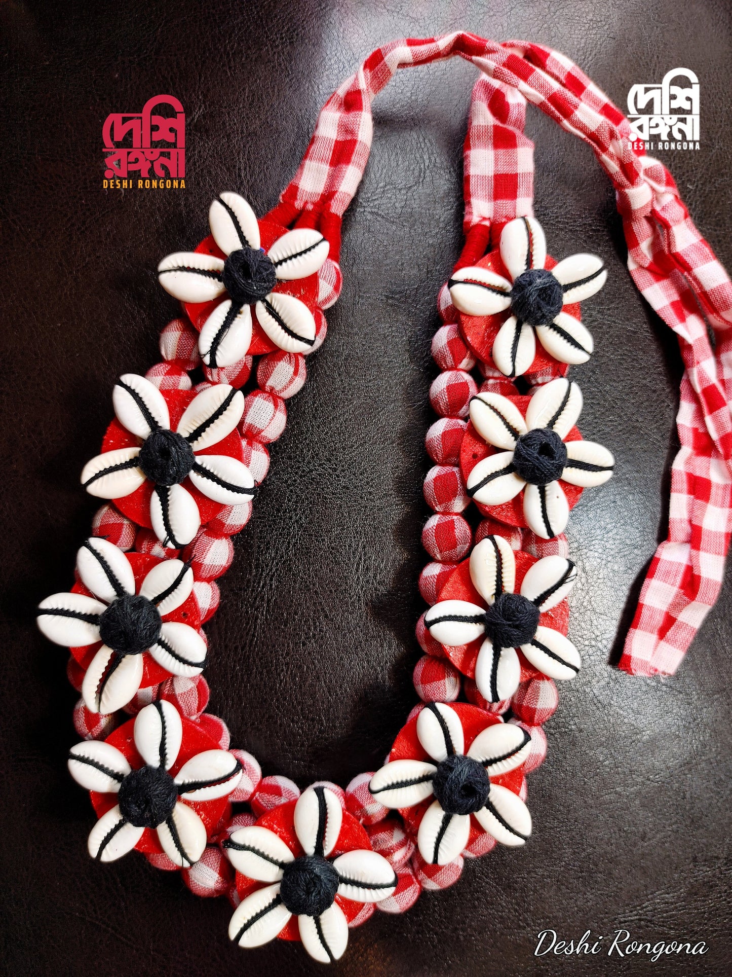 Cowrie, Plaid Handwoven Cotton Fabric and Shell Necklace, Gamcha, Hand Crafted, Immaculate 100% Natural Snail Shell, Jute ball Vintage Style