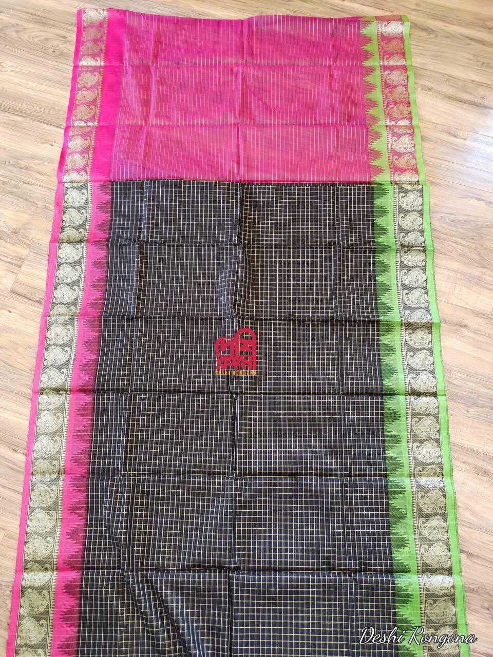 Halfsilk Madurai Saree, Beautiful Black Body with Jari check and Magenta/Green Ganga-Jamuna Border. Perfect Party wear