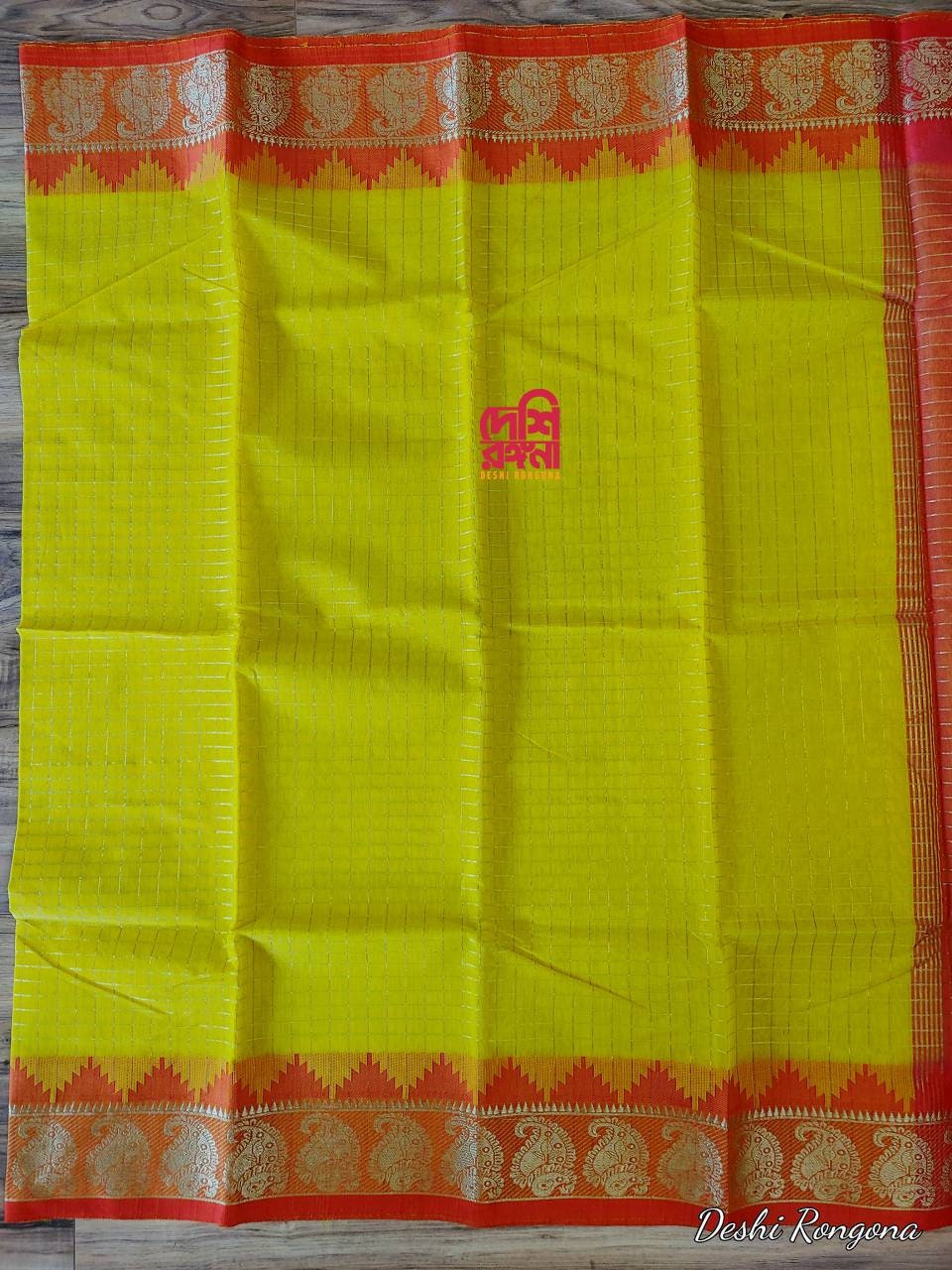 Halfsilk Madurai Saree, Beautiful Yellow body with Jari Check and Red Border with Golden Jari Kolki work. Perfect Party wear.