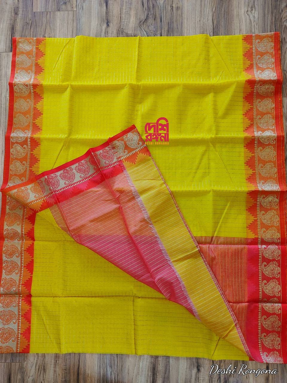 Halfsilk Madurai Saree, Beautiful Yellow body with Jari Check and Red Border with Golden Jari Kolki work. Perfect Party wear.