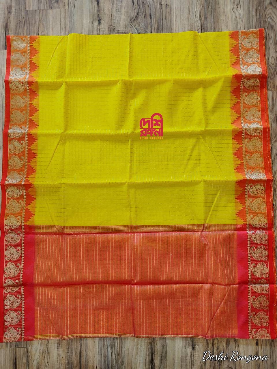 Halfsilk Madurai Saree, Beautiful Yellow body with Jari Check and Red Border with Golden Jari Kolki work. Perfect Party wear.