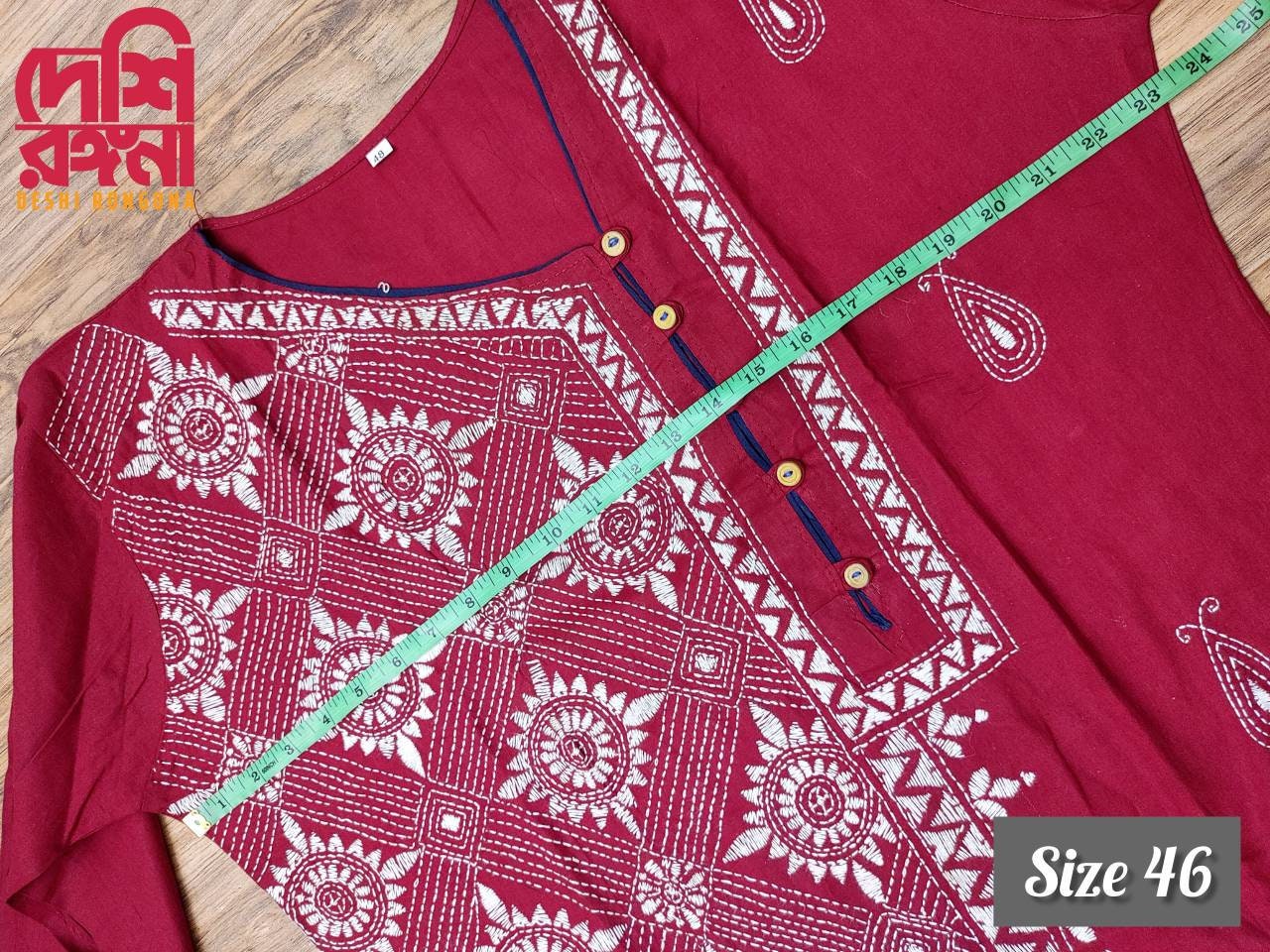 Maroon Kurti, Size 46, Hand Kantha Stitched Viva Cotton Kurti, Beautiful Handstitched with white cotton thread, Rare collection of Crafts
