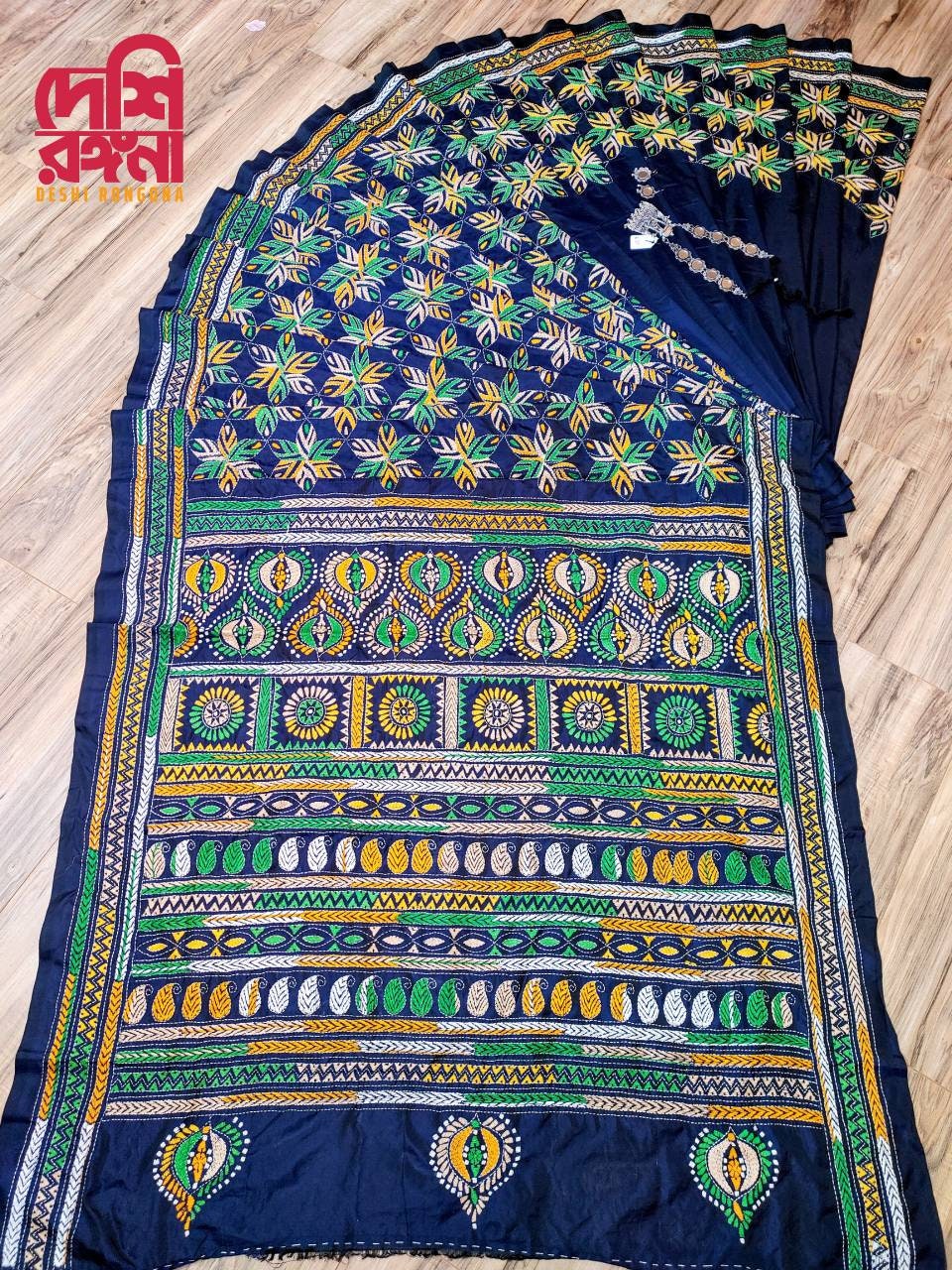 Exclusive Hand Stiched Kantha Saree, Navy Blue Bangalore Silk with Green/Yellow/Beige Contrast Kantha Stitch Works, Elegant, Classy Saree