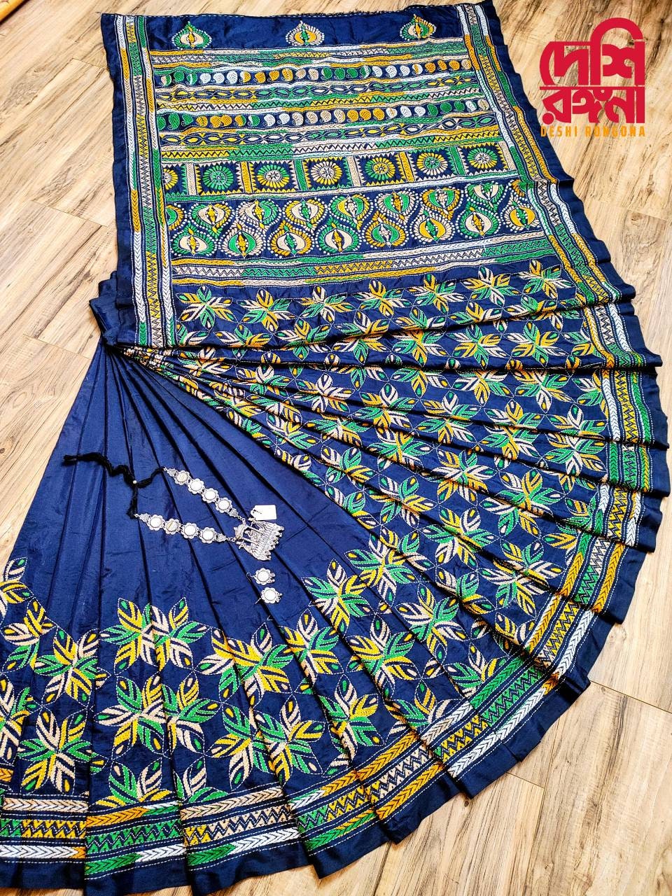 Exclusive Hand Stiched Kantha Saree, Navy Blue Bangalore Silk with Green/Yellow/Beige Contrast Kantha Stitch Works, Elegant, Classy Saree
