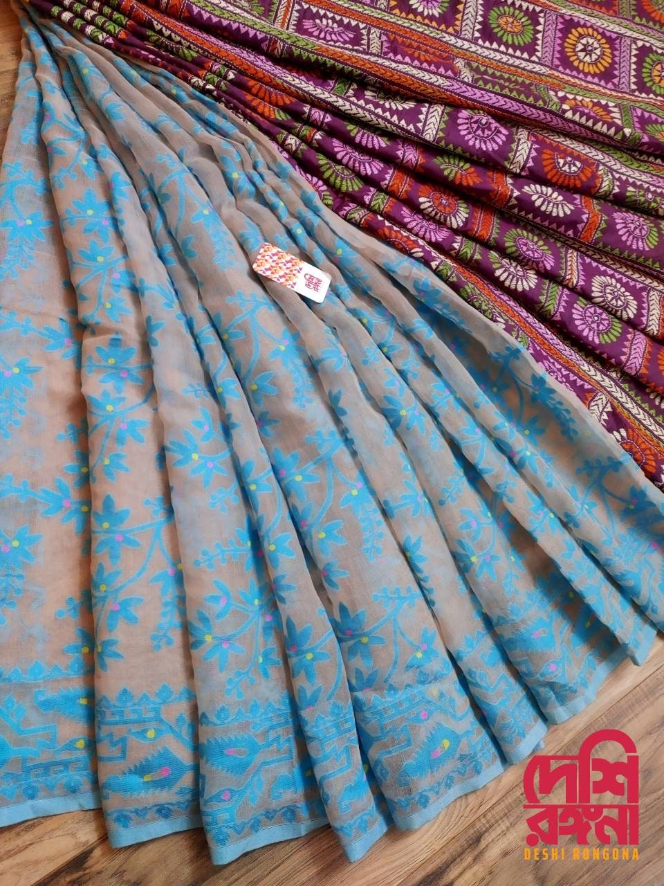Extraordinary Hand Stiched Jam-Kantha Saree, half and half Contrast, Burgundy Bangalore Silk Kantha and blue Indian Jamdani, Elegant Saree