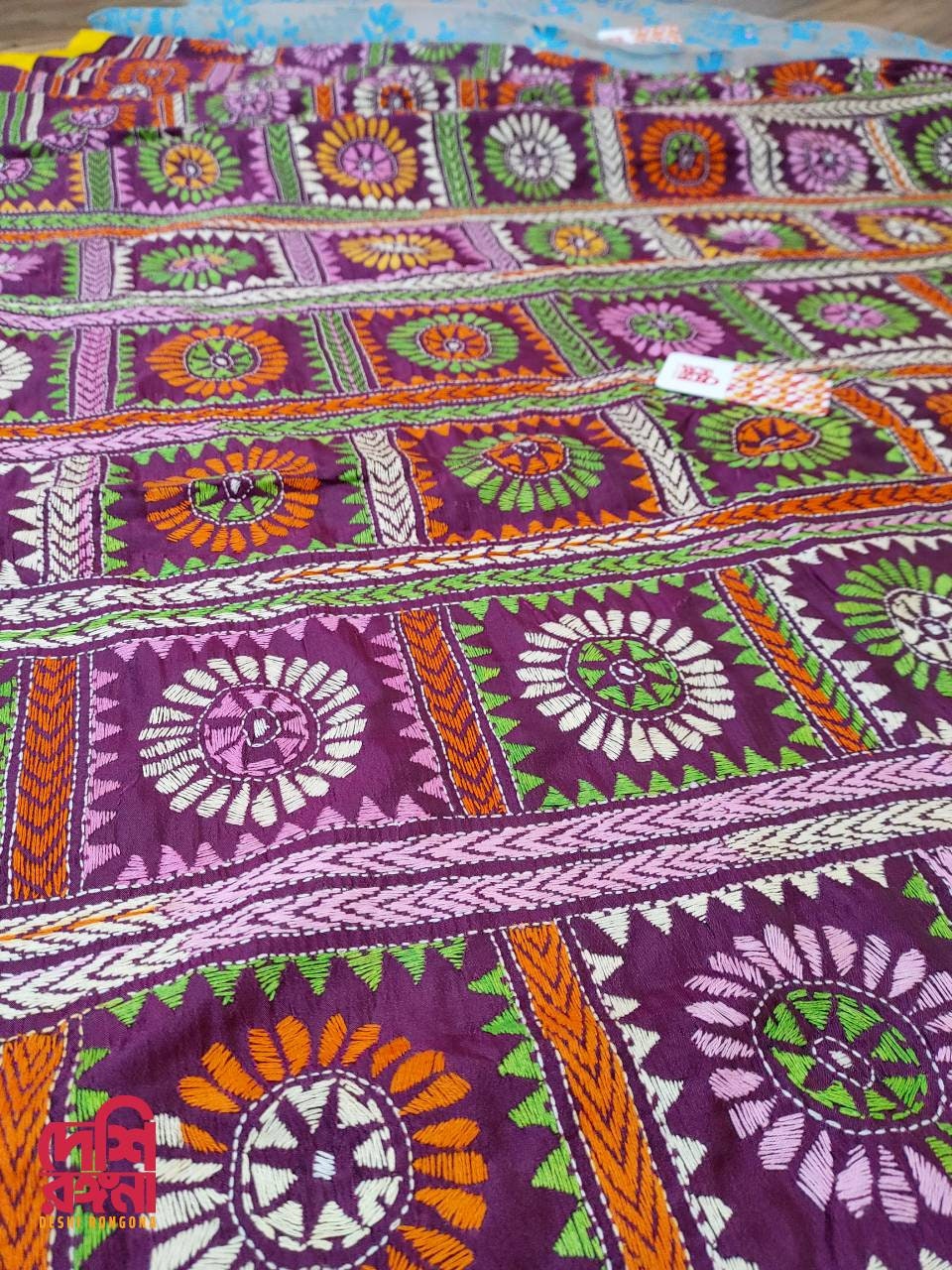Extraordinary Hand Stiched Jam-Kantha Saree, half and half Contrast, Burgundy Bangalore Silk Kantha and blue Indian Jamdani, Elegant Saree
