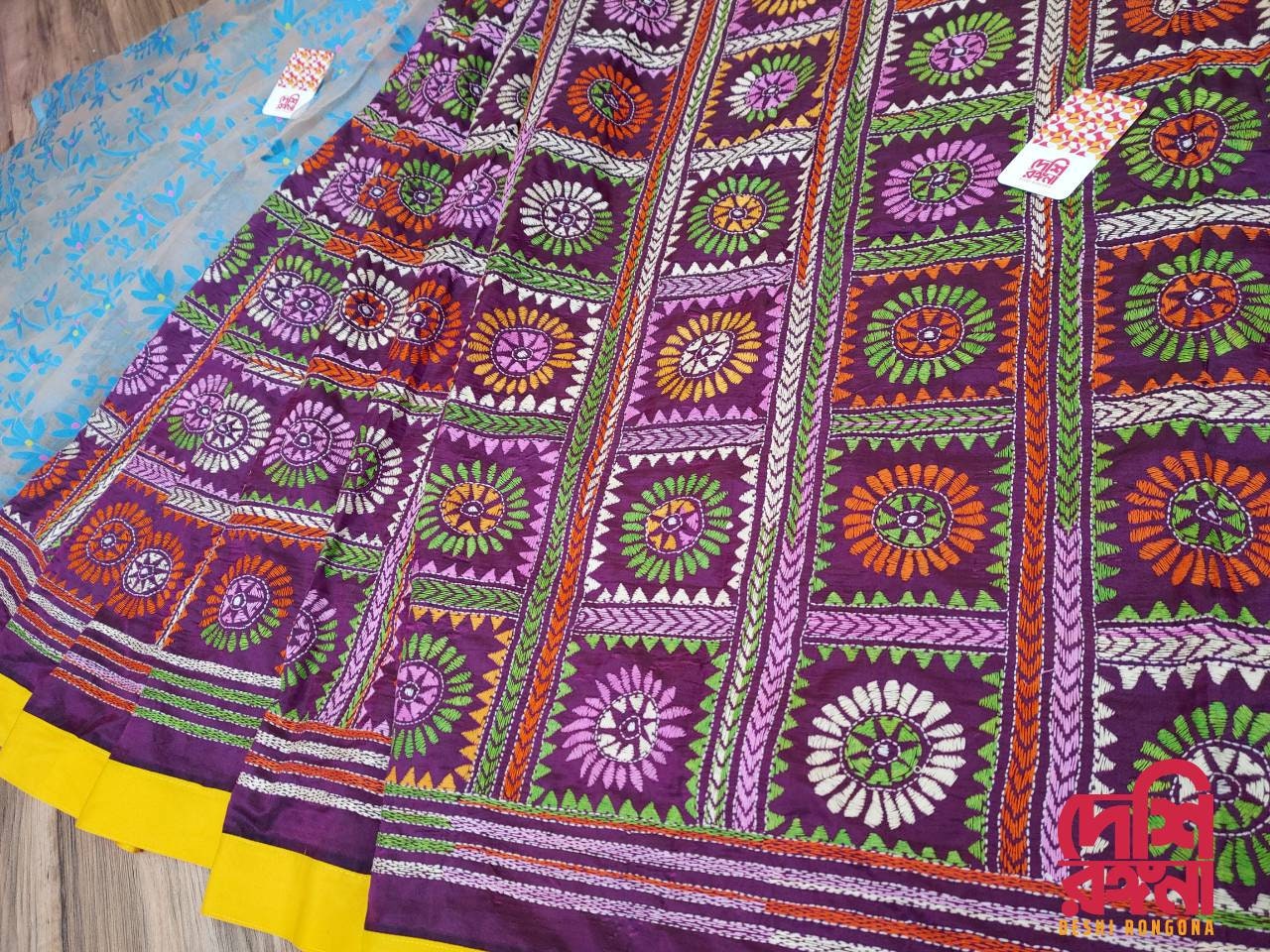 Extraordinary Hand Stiched Jam-Kantha Saree, half and half Contrast, Burgundy Bangalore Silk Kantha and blue Indian Jamdani, Elegant Saree