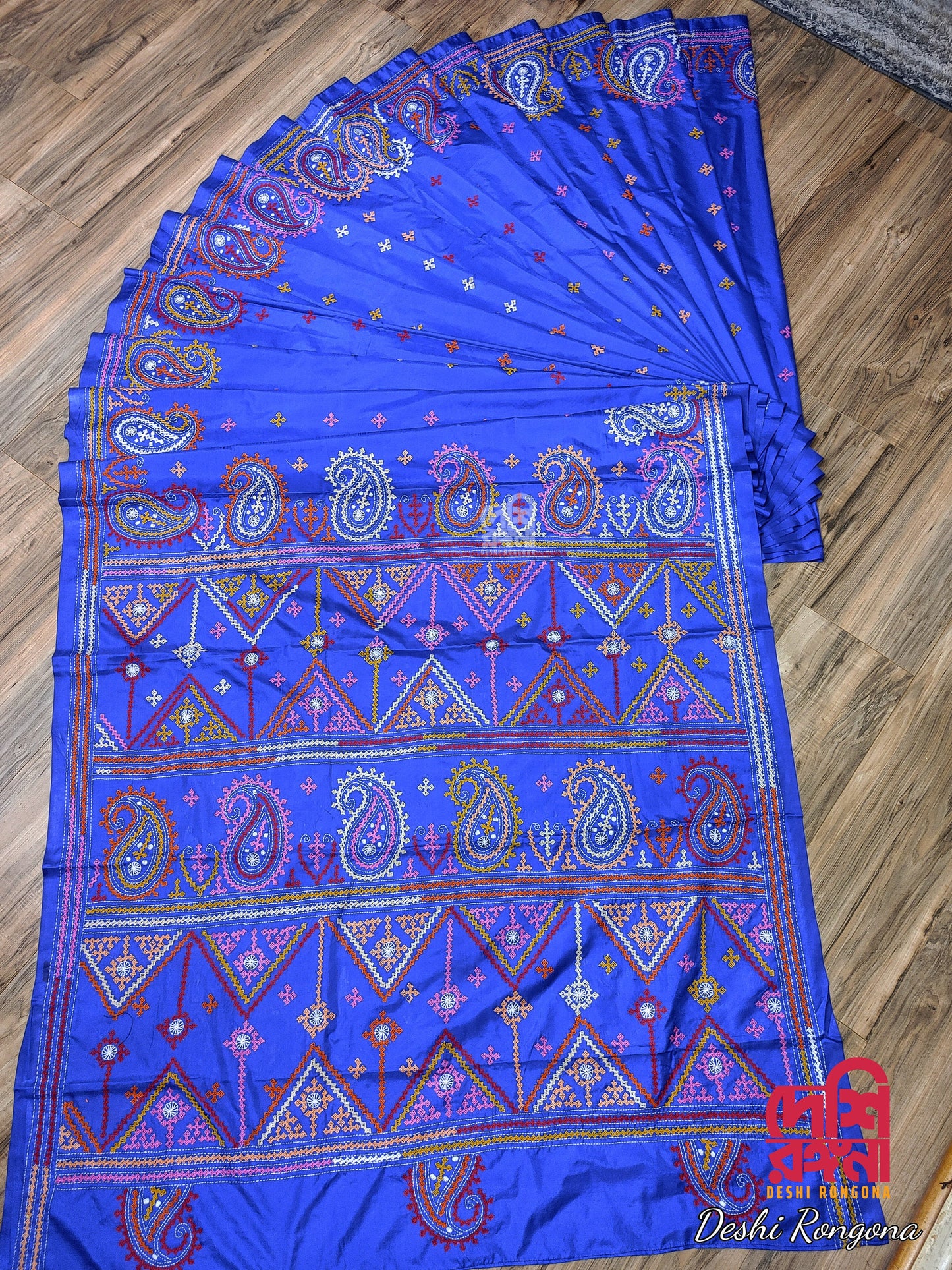 Extraordinary Hand Stiched Kantha Saree, Royal Blue Pure Bangalore Silk, Multi Gujrati Works allover, Fall/piko done, Elegant, Classy Saree