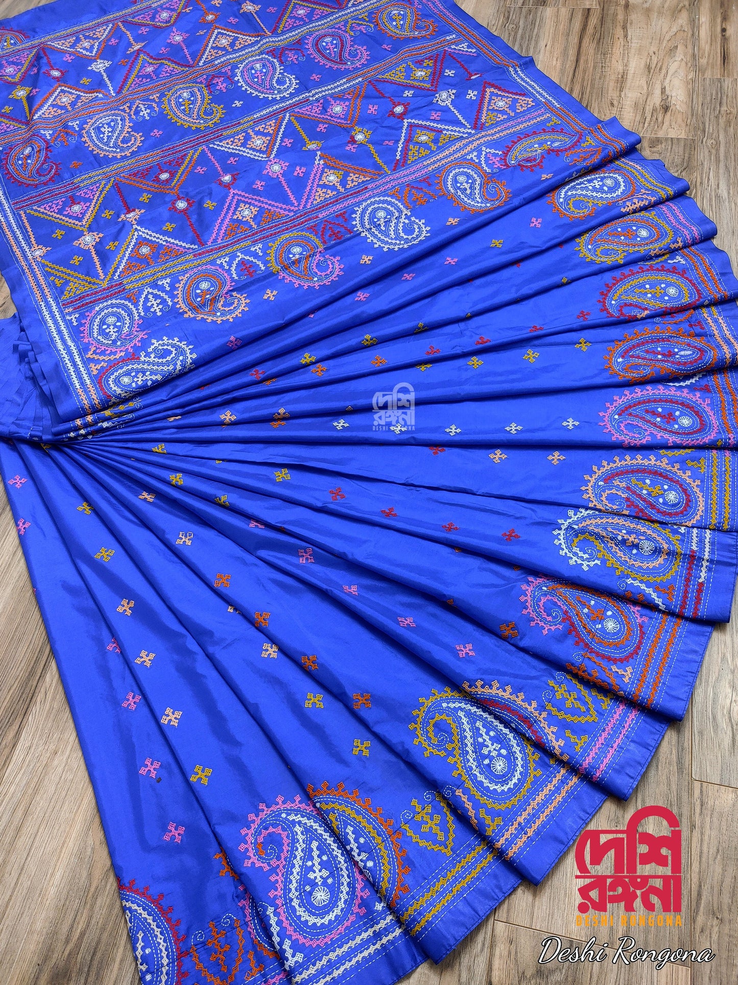 Extraordinary Hand Stiched Kantha Saree, Royal Blue Pure Bangalore Silk, Multi Gujrati Works allover, Fall/piko done, Elegant, Classy Saree