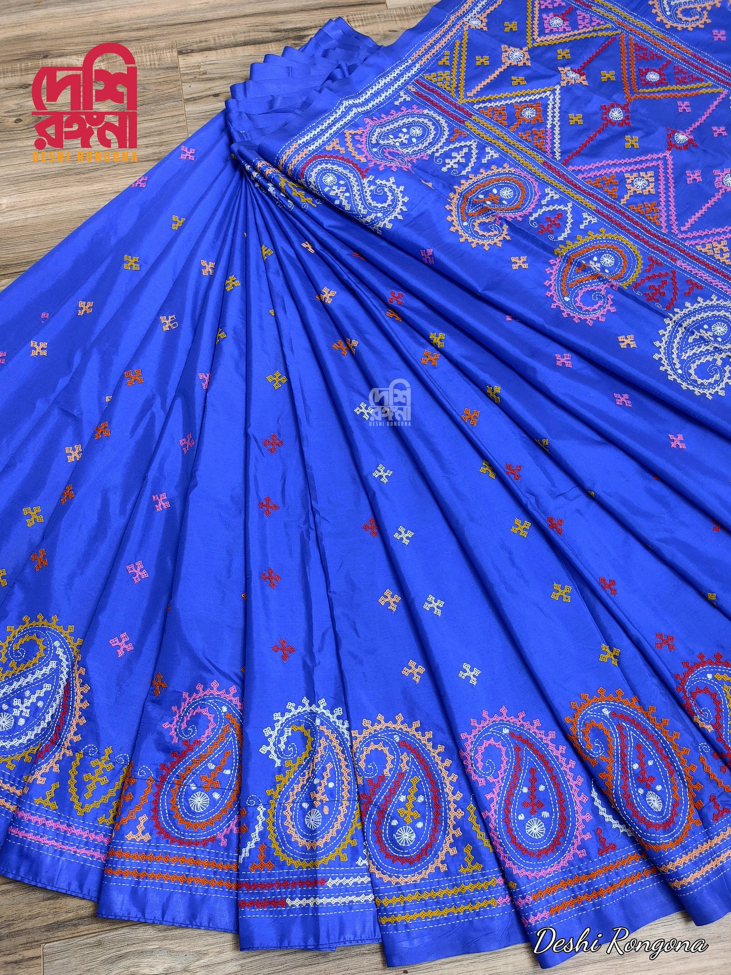 Extraordinary Hand Stiched Kantha Saree, Royal Blue Pure Bangalore Silk, Multi Gujrati Works allover, Fall/piko done, Elegant, Classy Saree