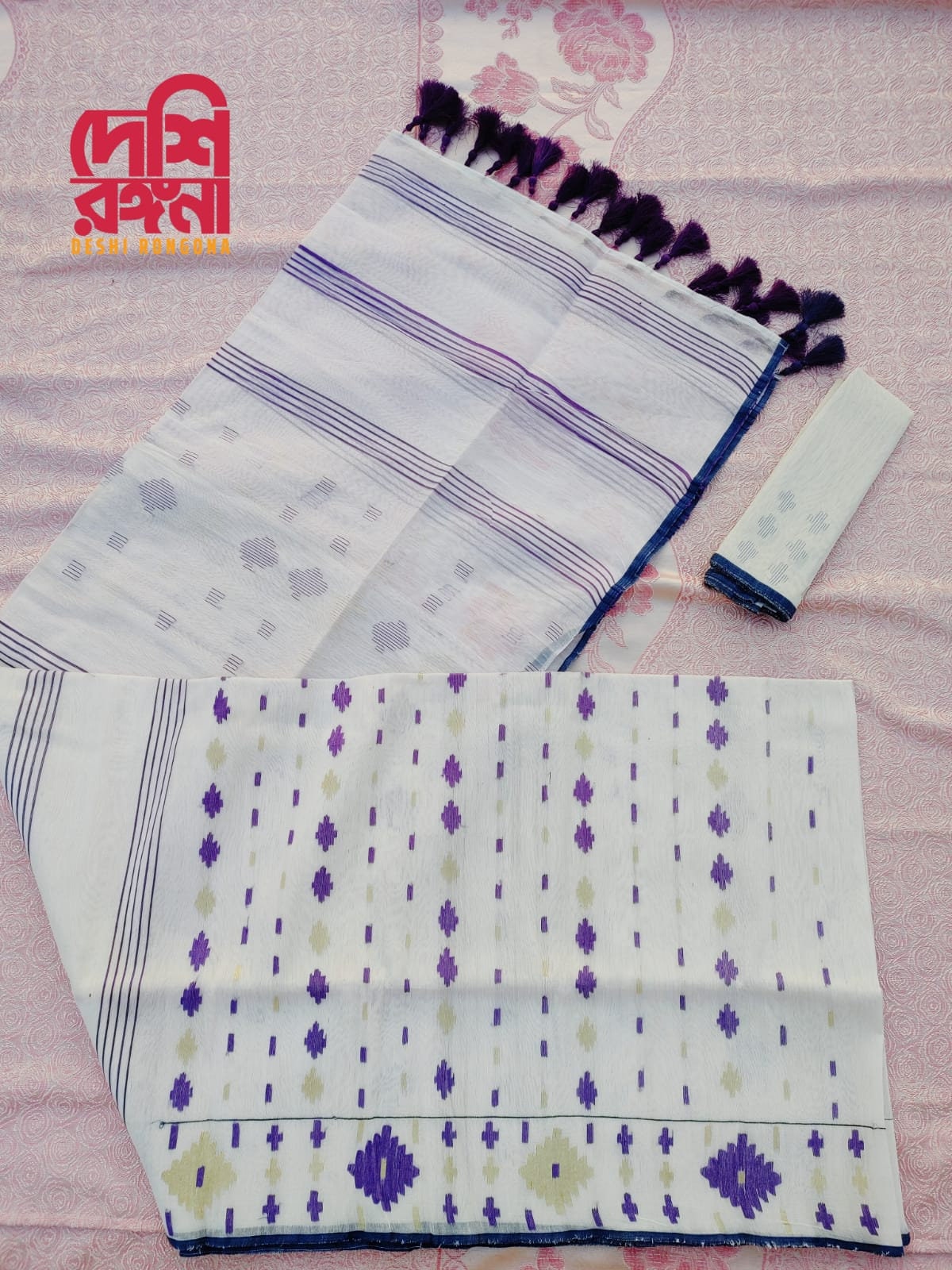 Original Dhakai Jamdani Saree, White with purple thread work, Made in Bangladesh, Halfsilk,Handloom 40 count thread,Traditional,Classy Saree