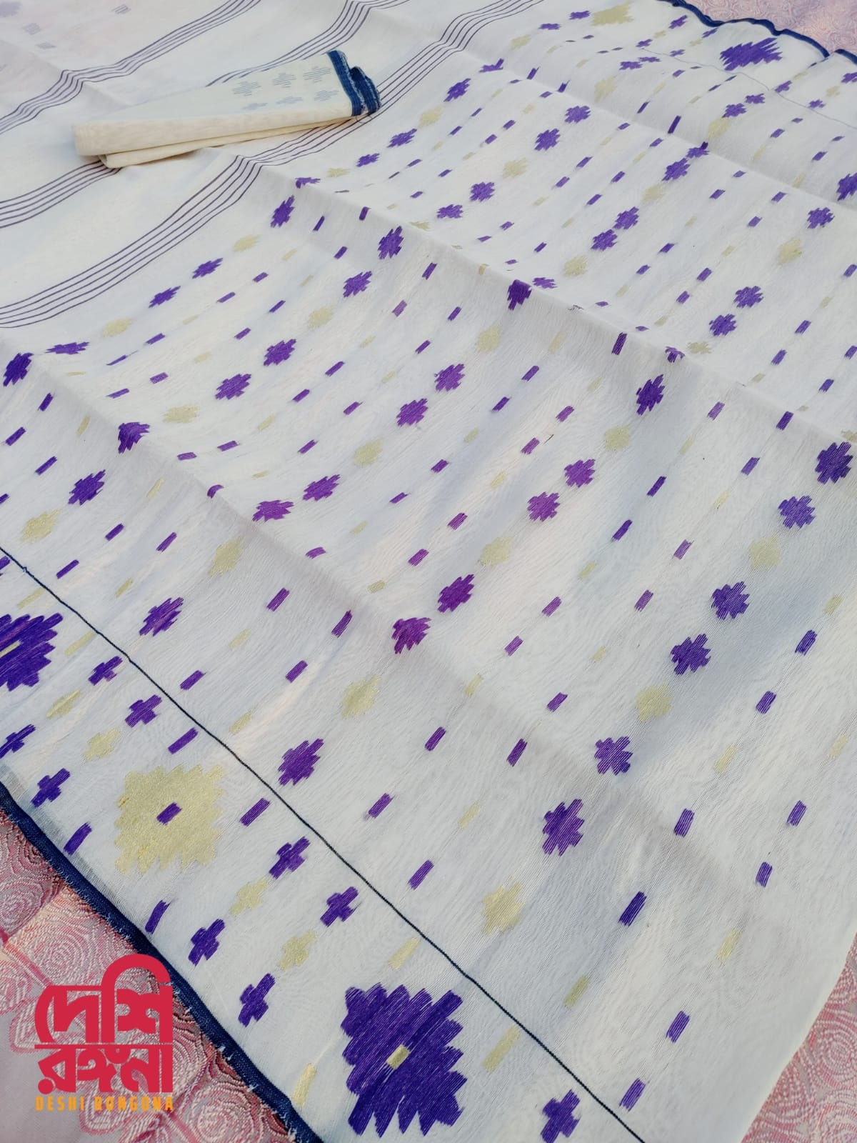 Original Dhakai Jamdani Saree, White with purple thread work, Made in Bangladesh, Halfsilk,Handloom 40 count thread,Traditional,Classy Saree