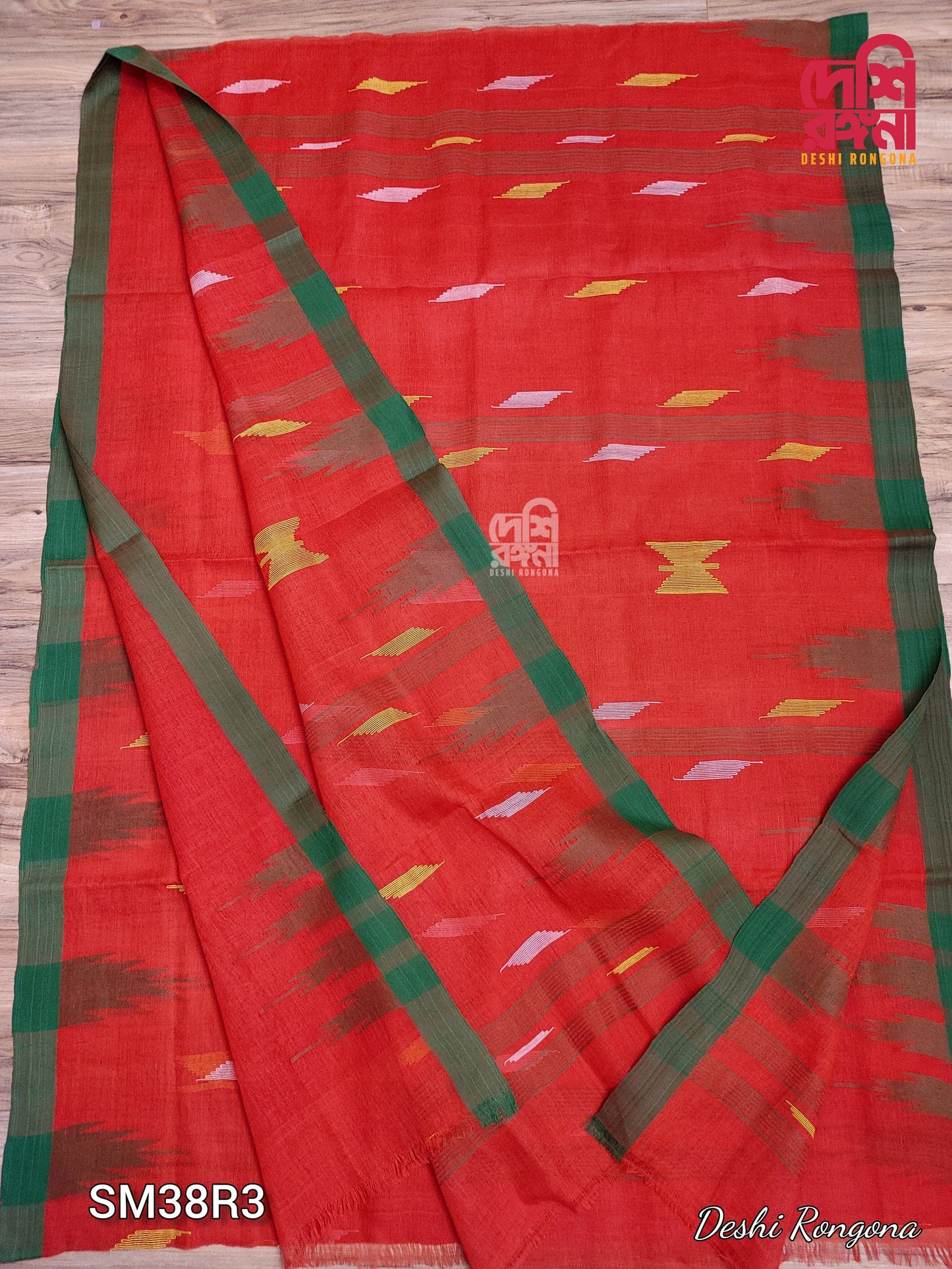 Sylheti Original Monipuri Handwoven Soft Cotton Saree, Red with Green Woven Border, Bangladeshi, Traditional Saree