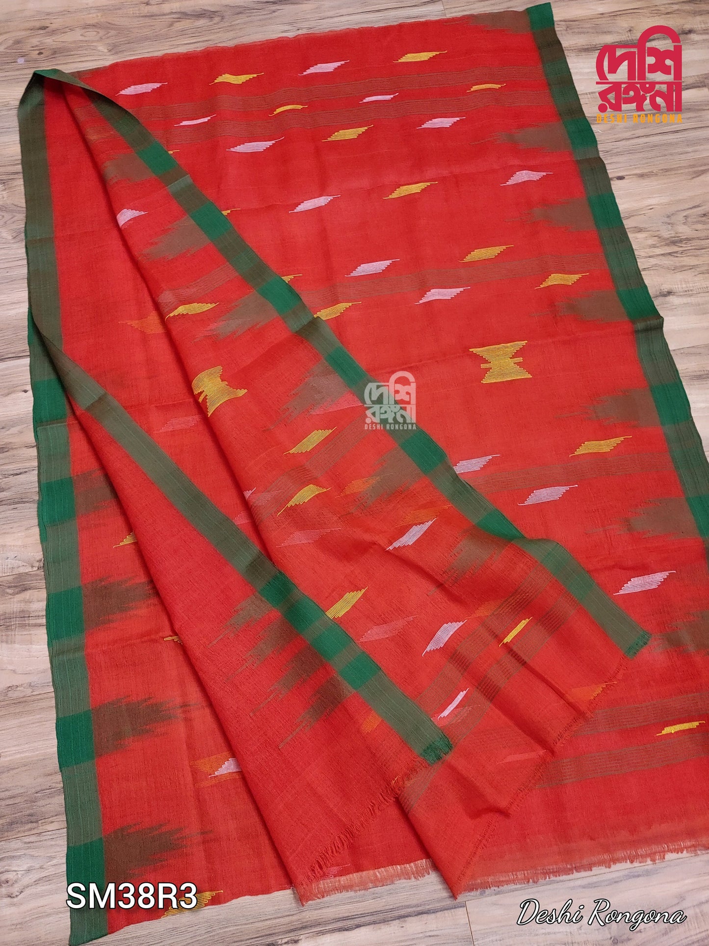 Sylheti Original Monipuri Handwoven Soft Cotton Saree, Red with Green Woven Border, Bangladeshi, Traditional Saree