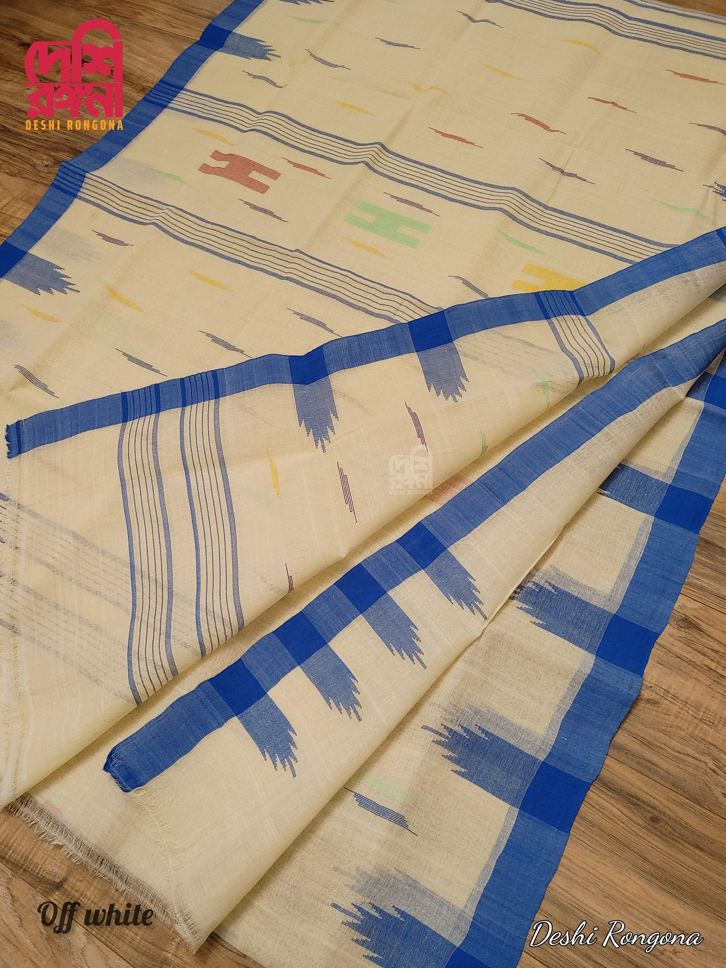 Sylheti Monipuri Handwoven Saree – Off White & Blue Border