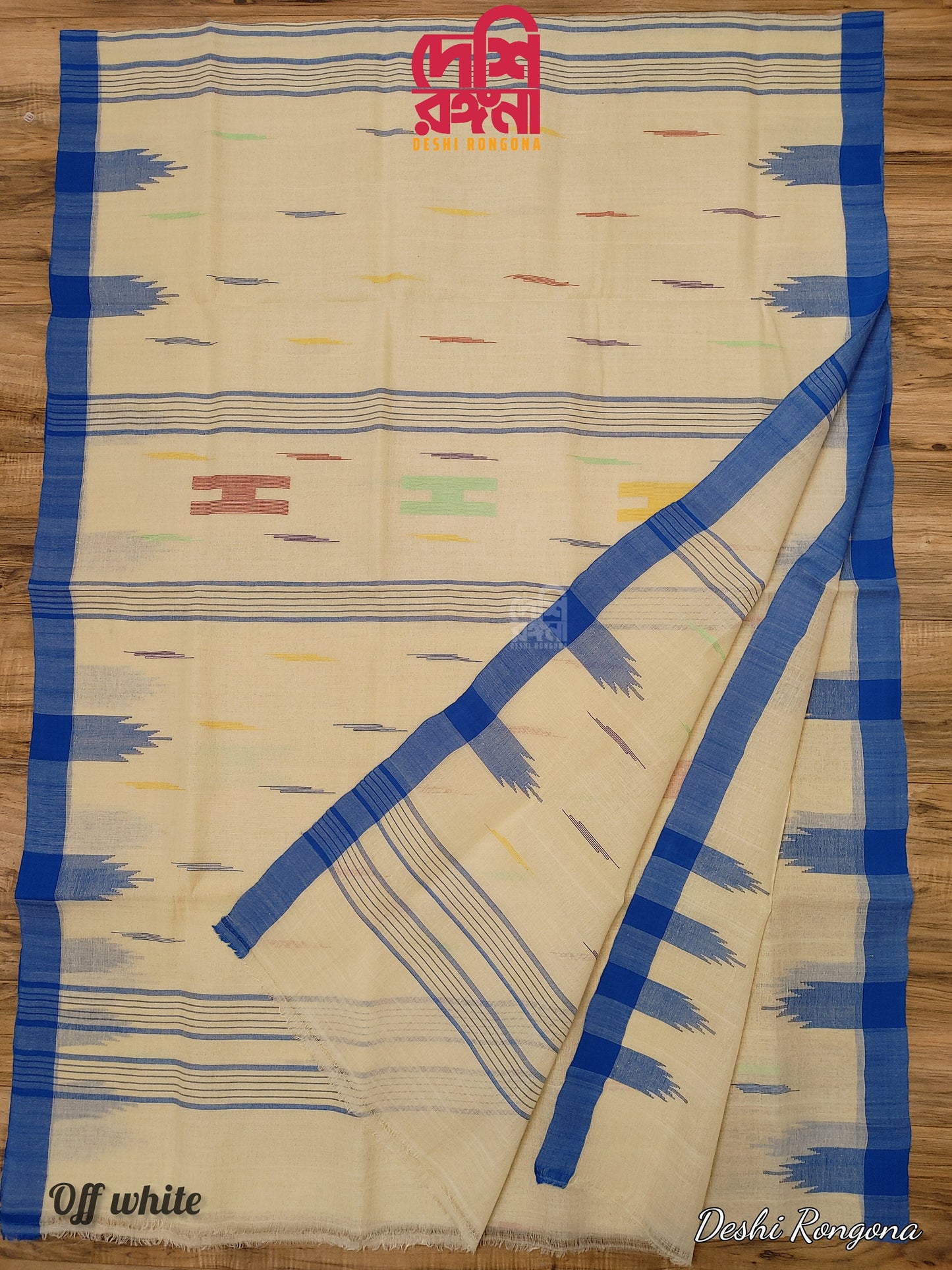 Sylheti Monipuri Handwoven Saree – Off White & Blue Border