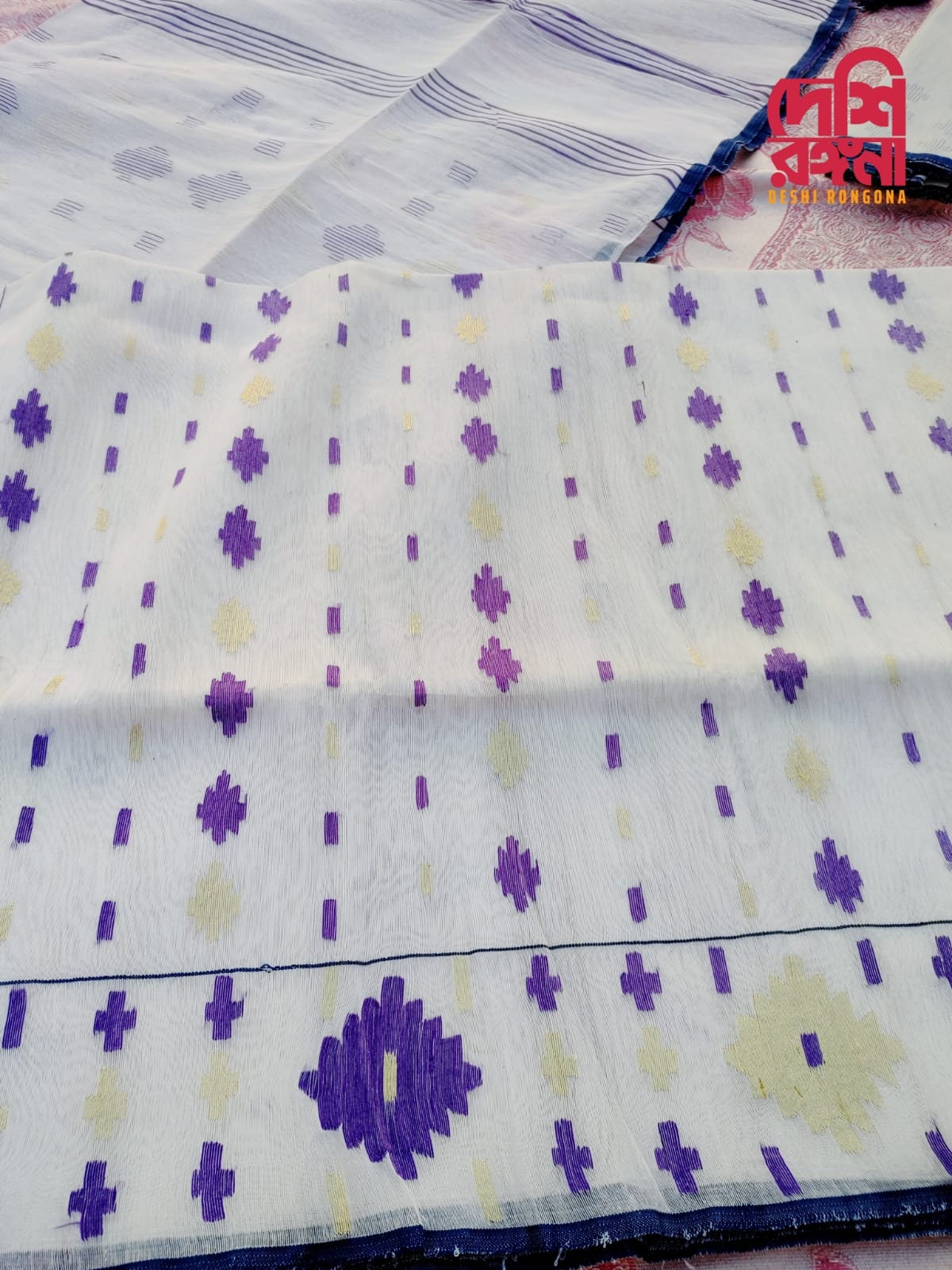 Original Dhakai Jamdani Saree, White with purple thread work, Made in Bangladesh, Halfsilk,Handloom 40 count thread,Traditional,Classy Saree