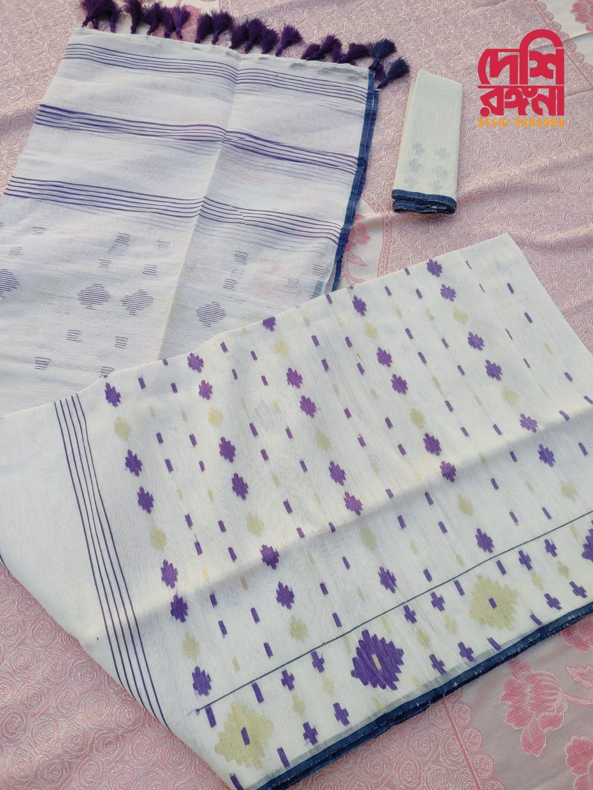 Original Dhakai Jamdani Saree, White with purple thread work, Made in Bangladesh, Halfsilk,Handloom 40 count thread,Traditional,Classy Saree