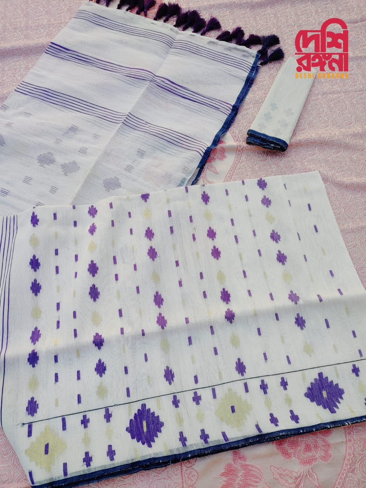 Original Dhakai Jamdani Saree, White with purple thread work, Made in Bangladesh, Halfsilk,Handloom 40 count thread,Traditional,Classy Saree