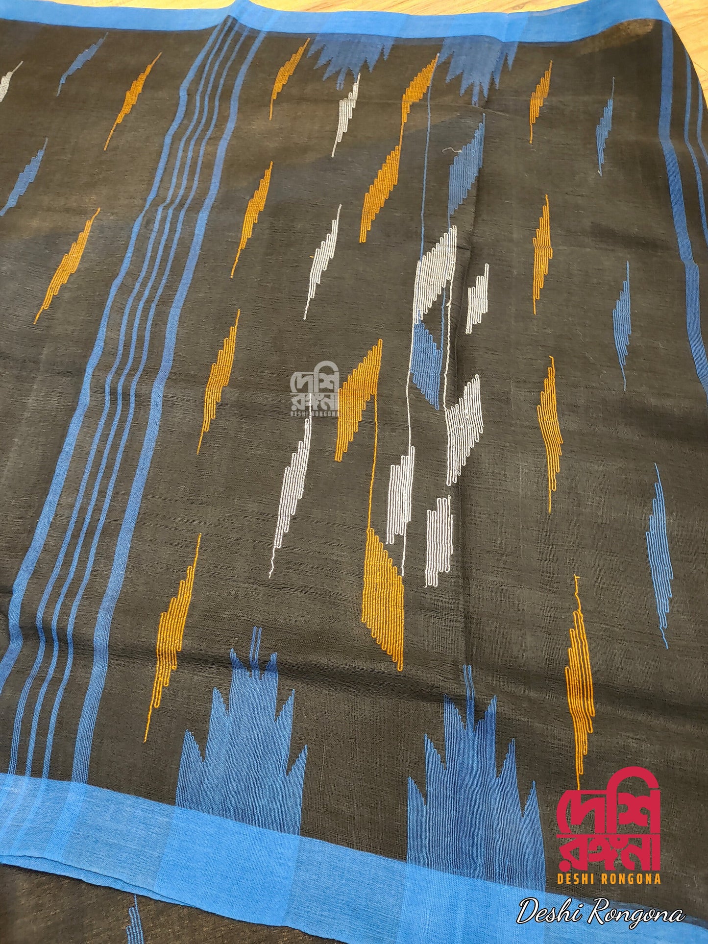 Sylheti Monipuri Cotton Saree – Black & Blue Handwoven