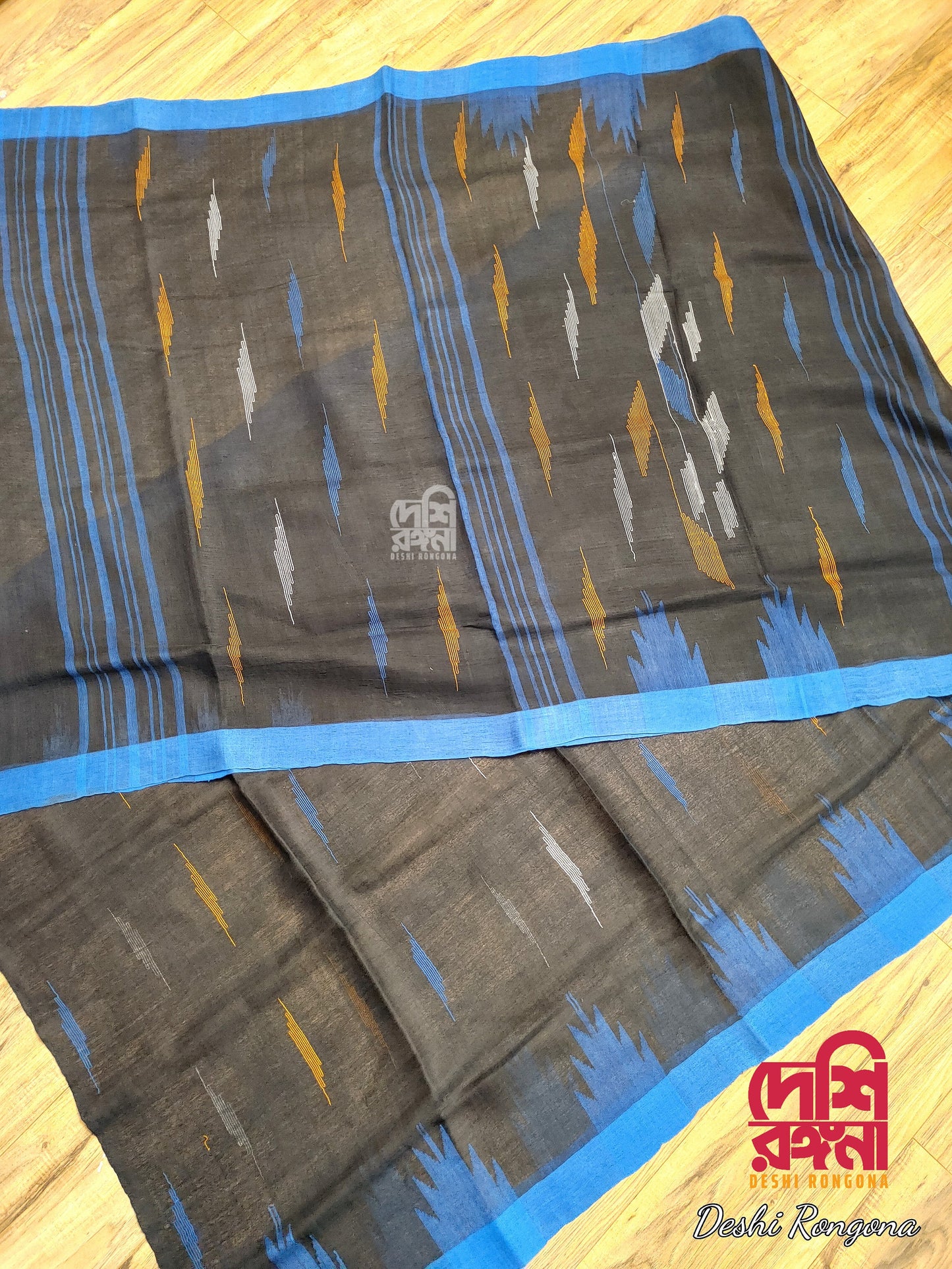 Sylheti Monipuri Cotton Saree – Black & Blue Handwoven