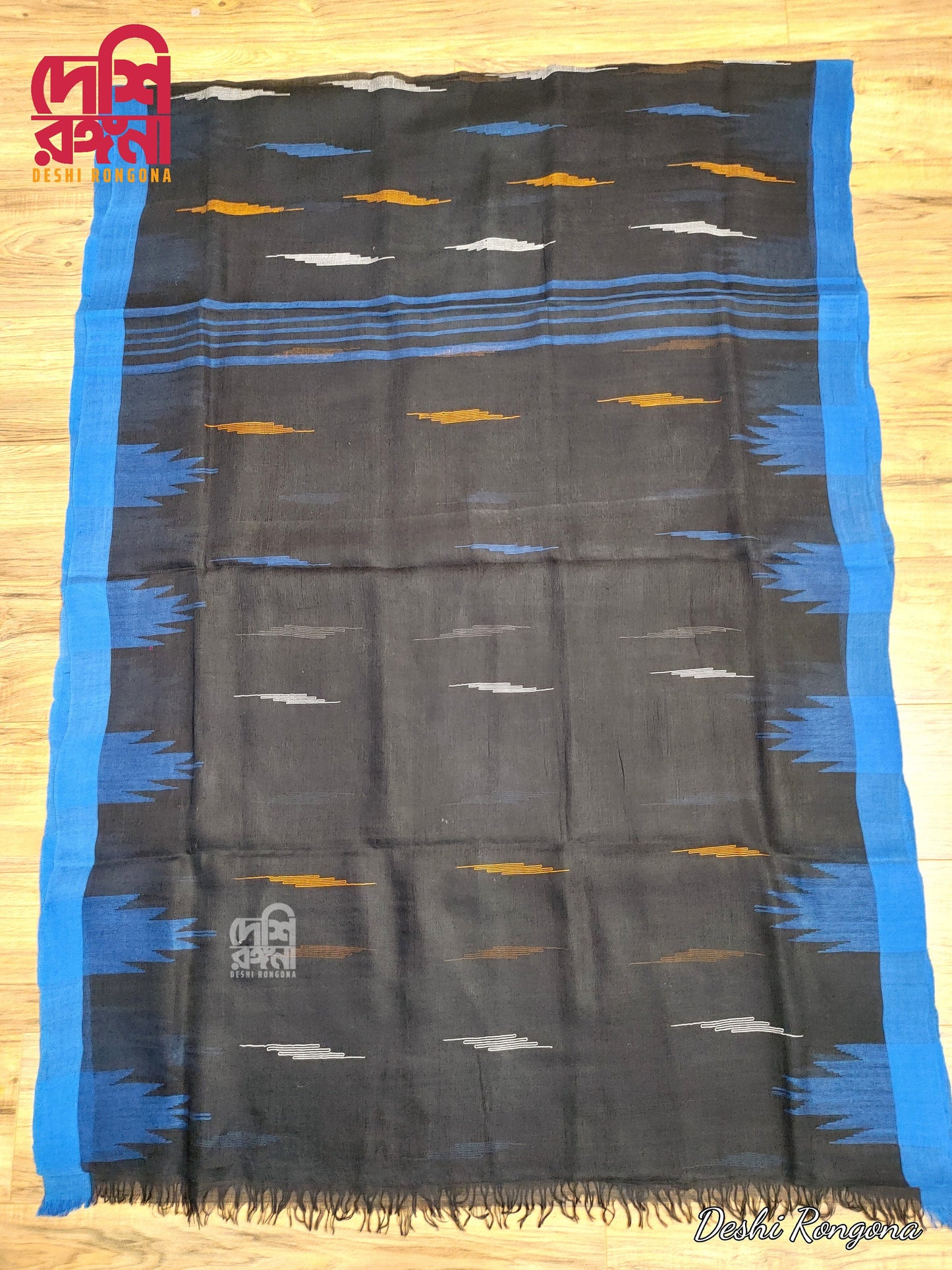 Sylheti Monipuri Cotton Saree – Black & Blue Handwoven