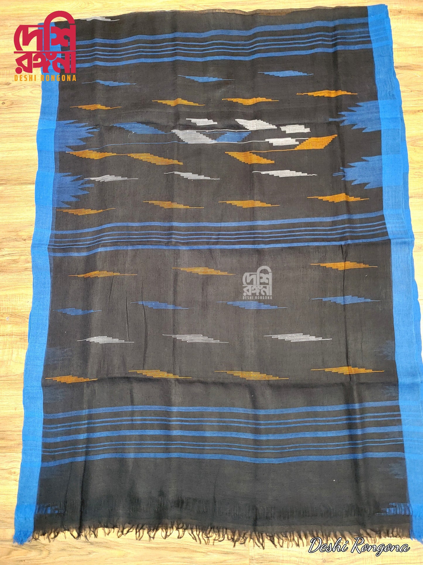 Sylheti Monipuri Cotton Saree – Black & Blue Handwoven