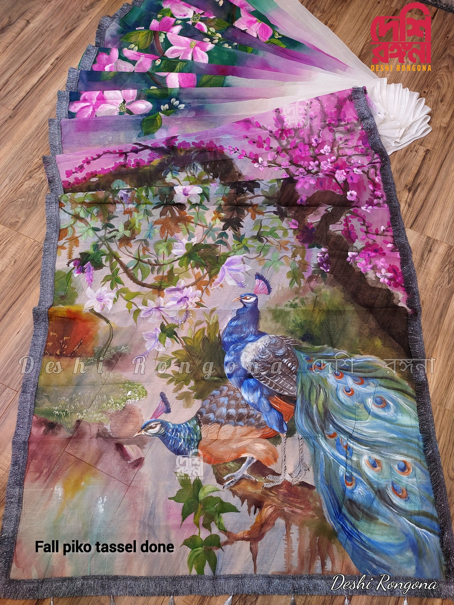 Exclusive Handpainted Semi Moslin Saree, Water Color Peacock Art, Gorgeous, Elegant, Saree makes you feel Special, Fall Piko Tassel Done