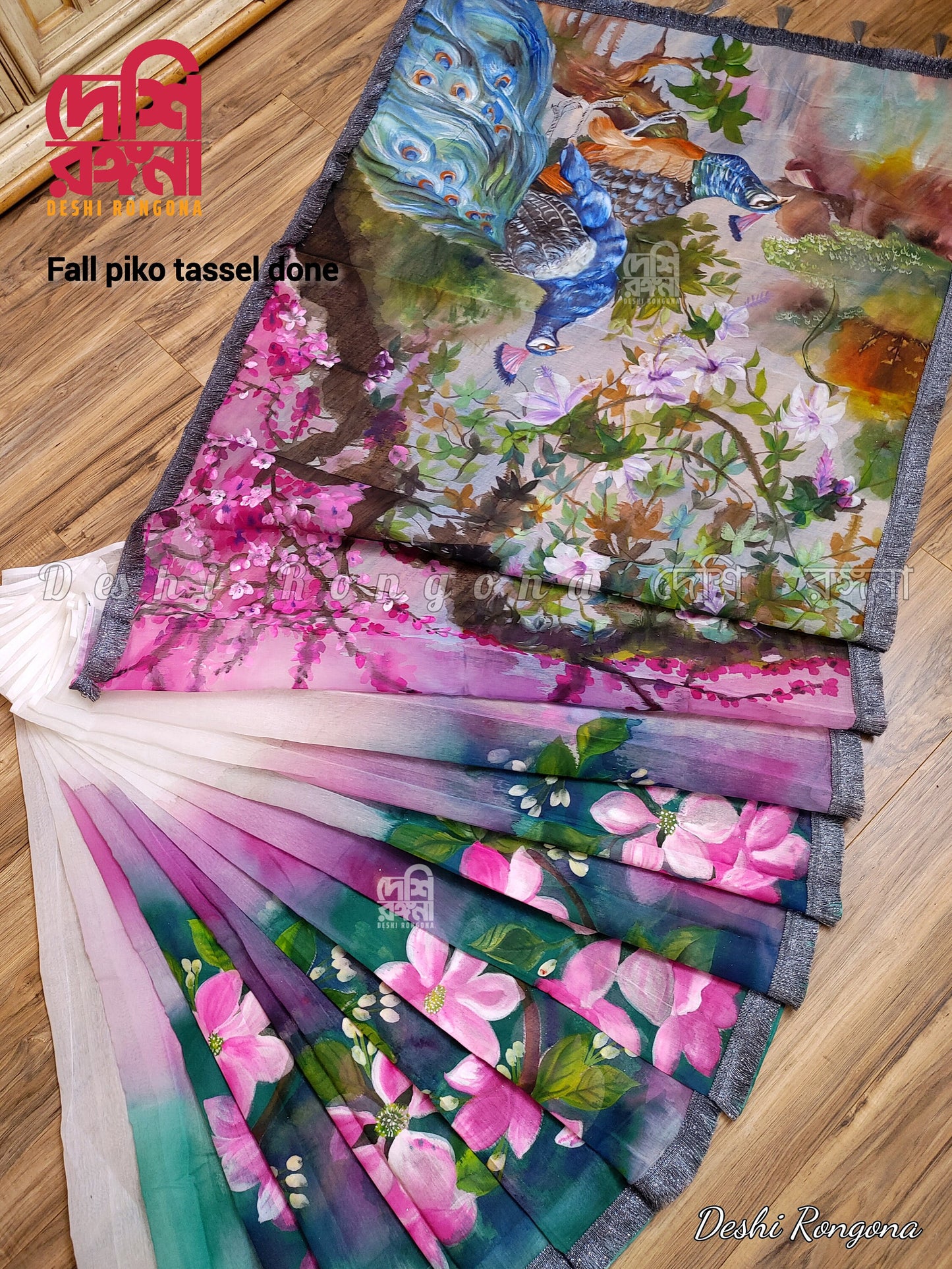 Exclusive Handpainted Semi Moslin Saree, Water Color Peacock Art, Gorgeous, Elegant, Saree makes you feel Special, Fall Piko Tassel Done