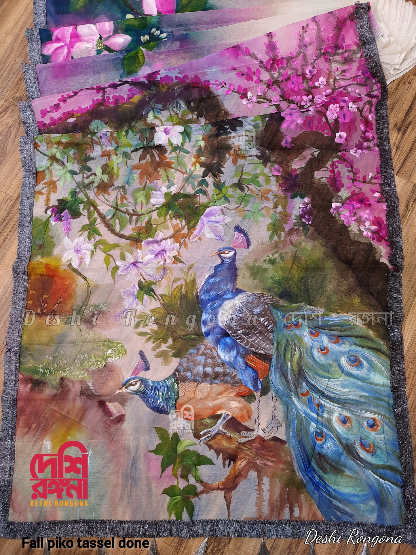 Exclusive Handpainted Semi Moslin Saree, Water Color Peacock Art, Gorgeous, Elegant, Saree makes you feel Special, Fall Piko Tassel Done