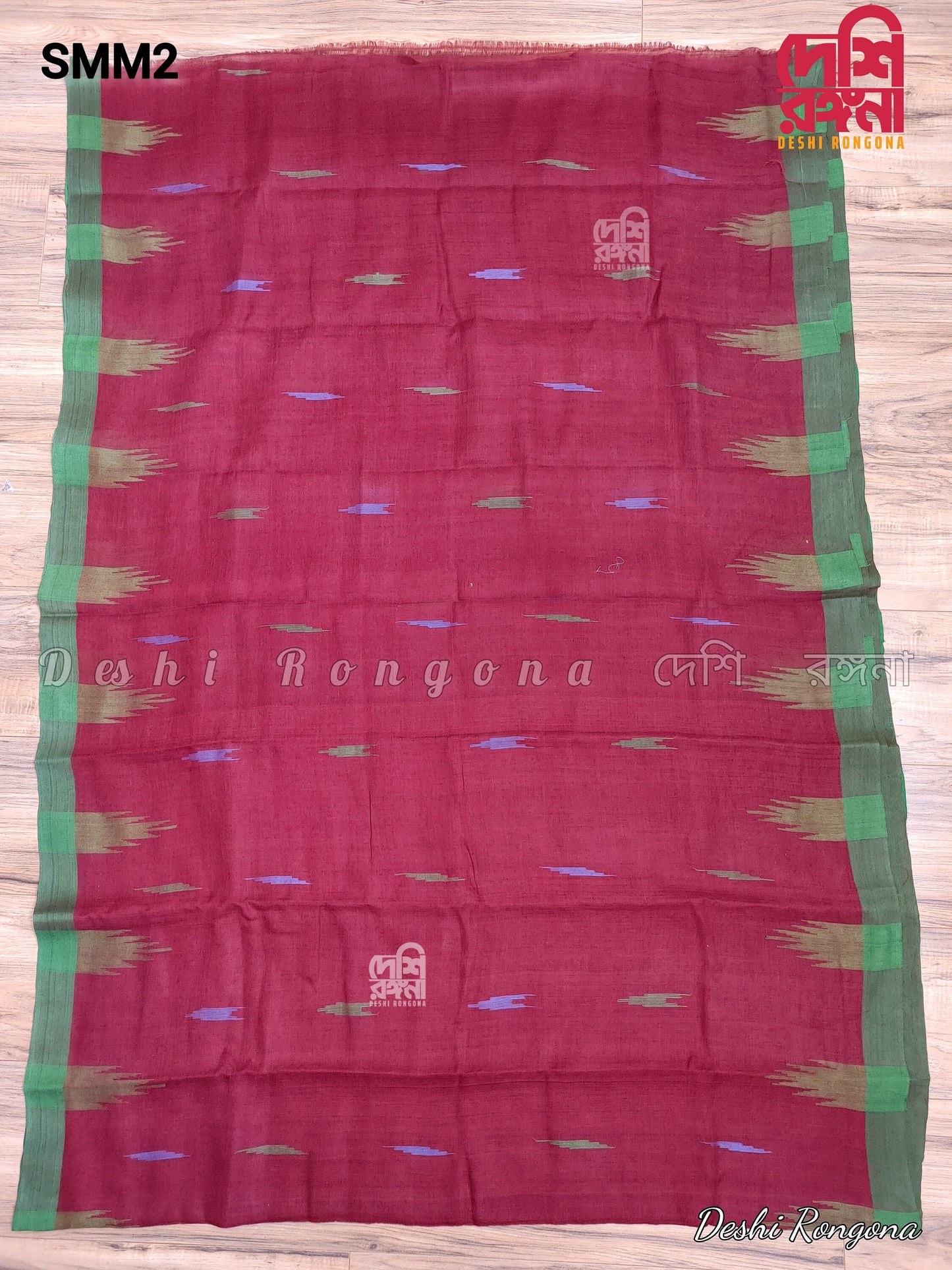 Sylheti Monipuri Handwoven Cotton Saree – Maroon & Green
