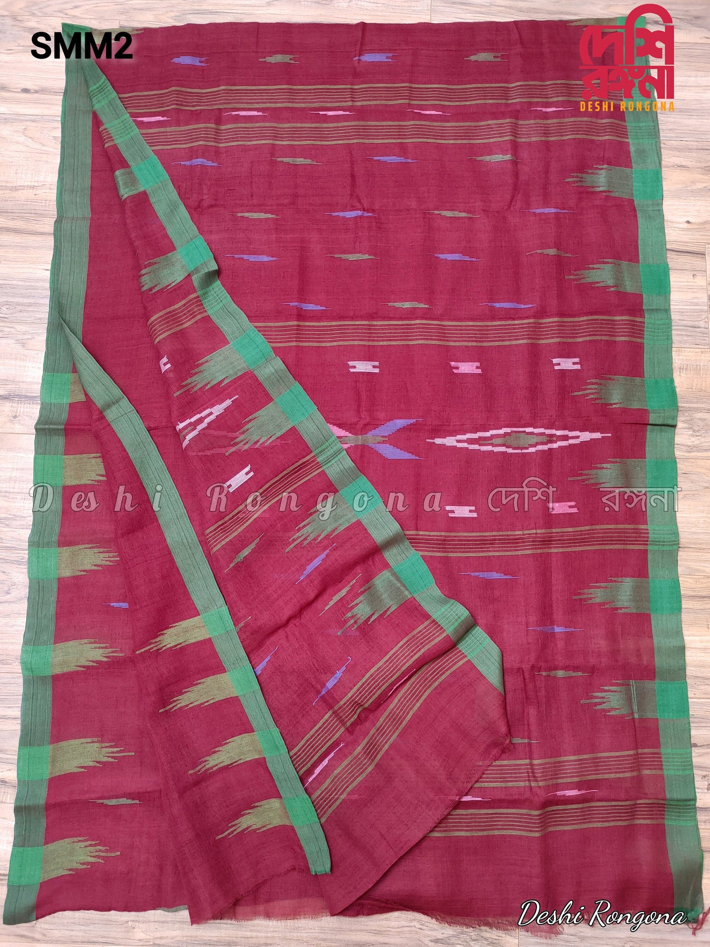 Sylheti Monipuri Handwoven Cotton Saree – Maroon & Green