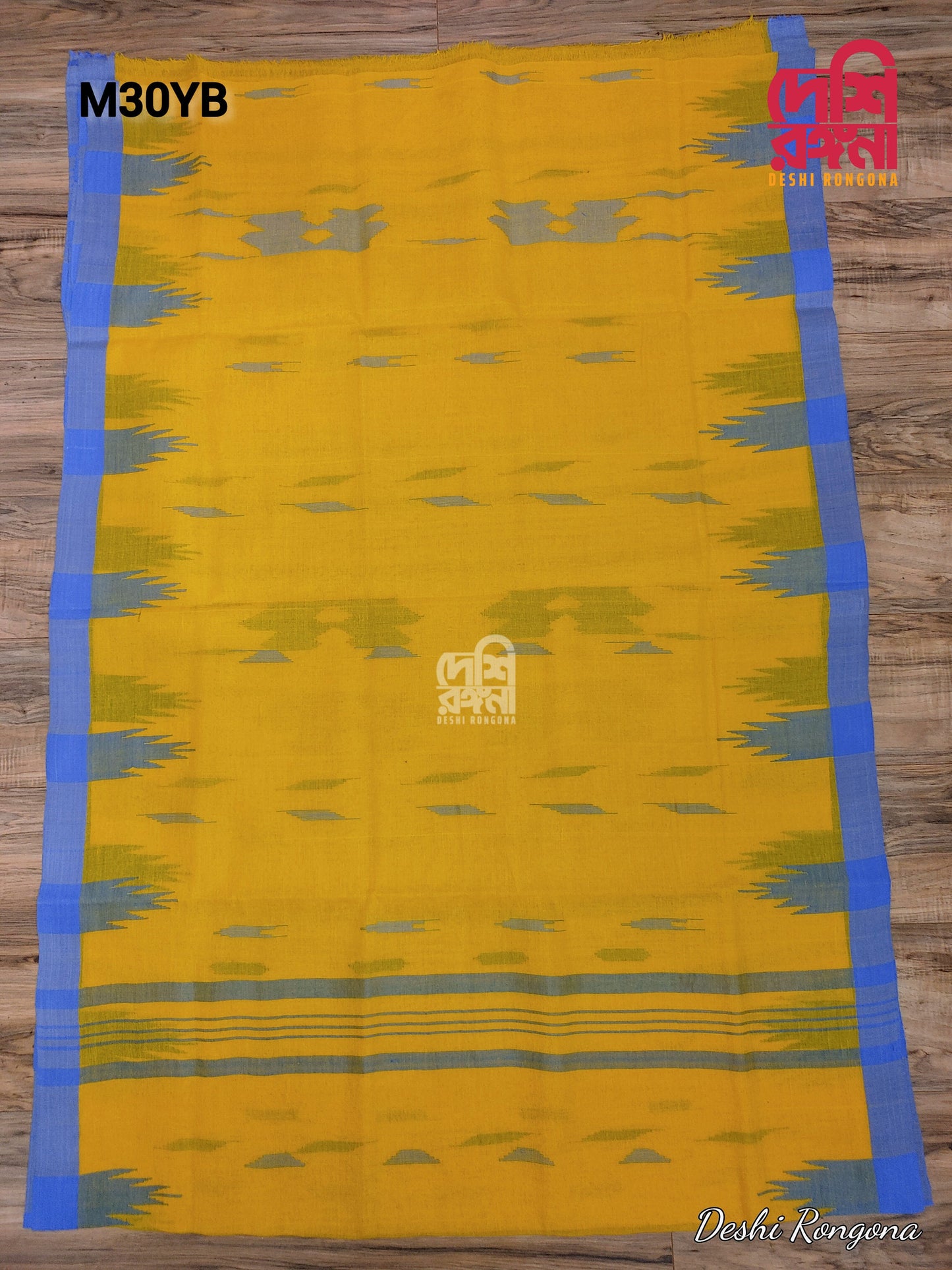Sylheti Monipuri Handwoven Yellow Cotton Saree with Blue Border