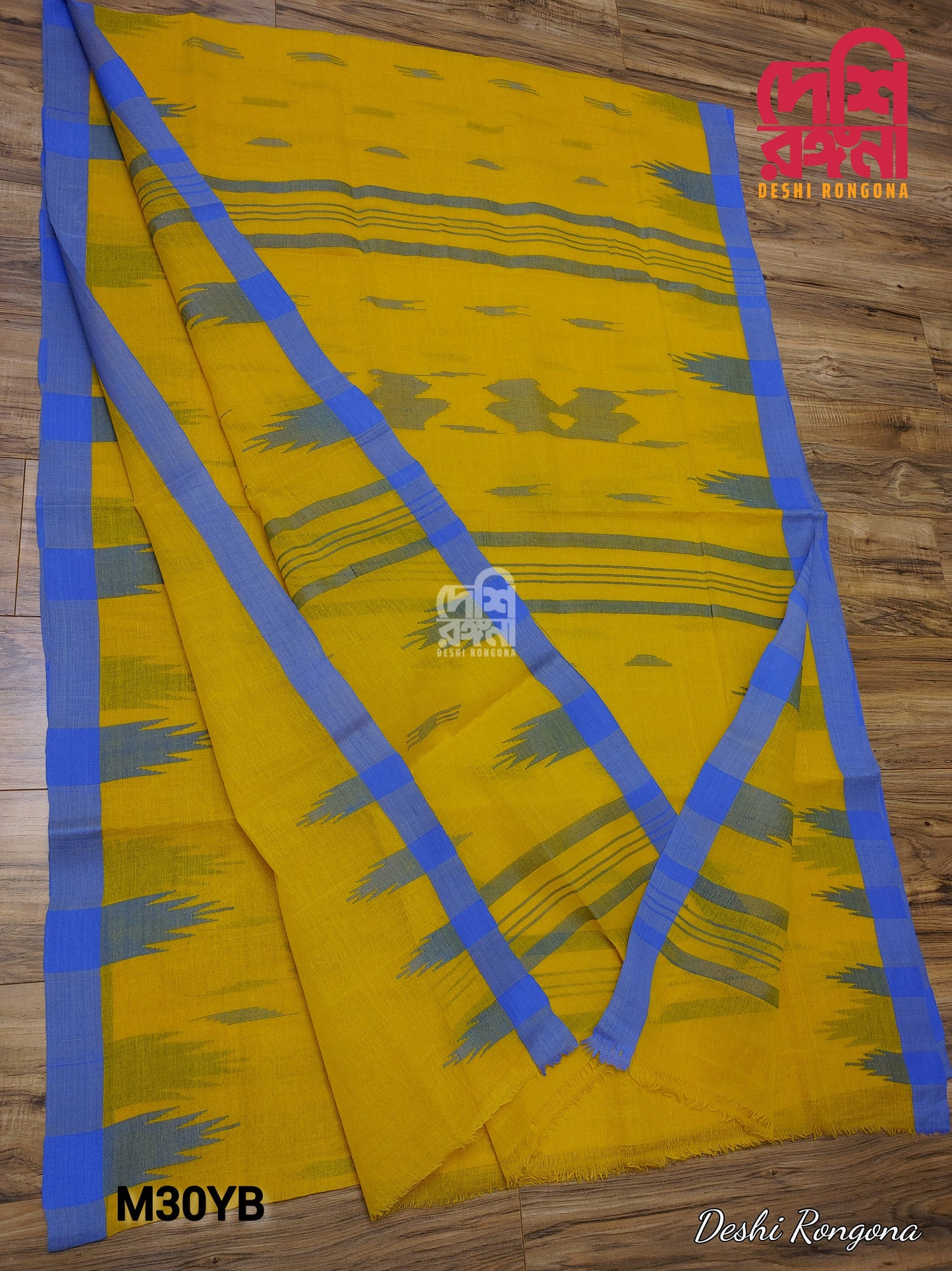 Sylheti Monipuri Handwoven Yellow Cotton Saree with Blue Border